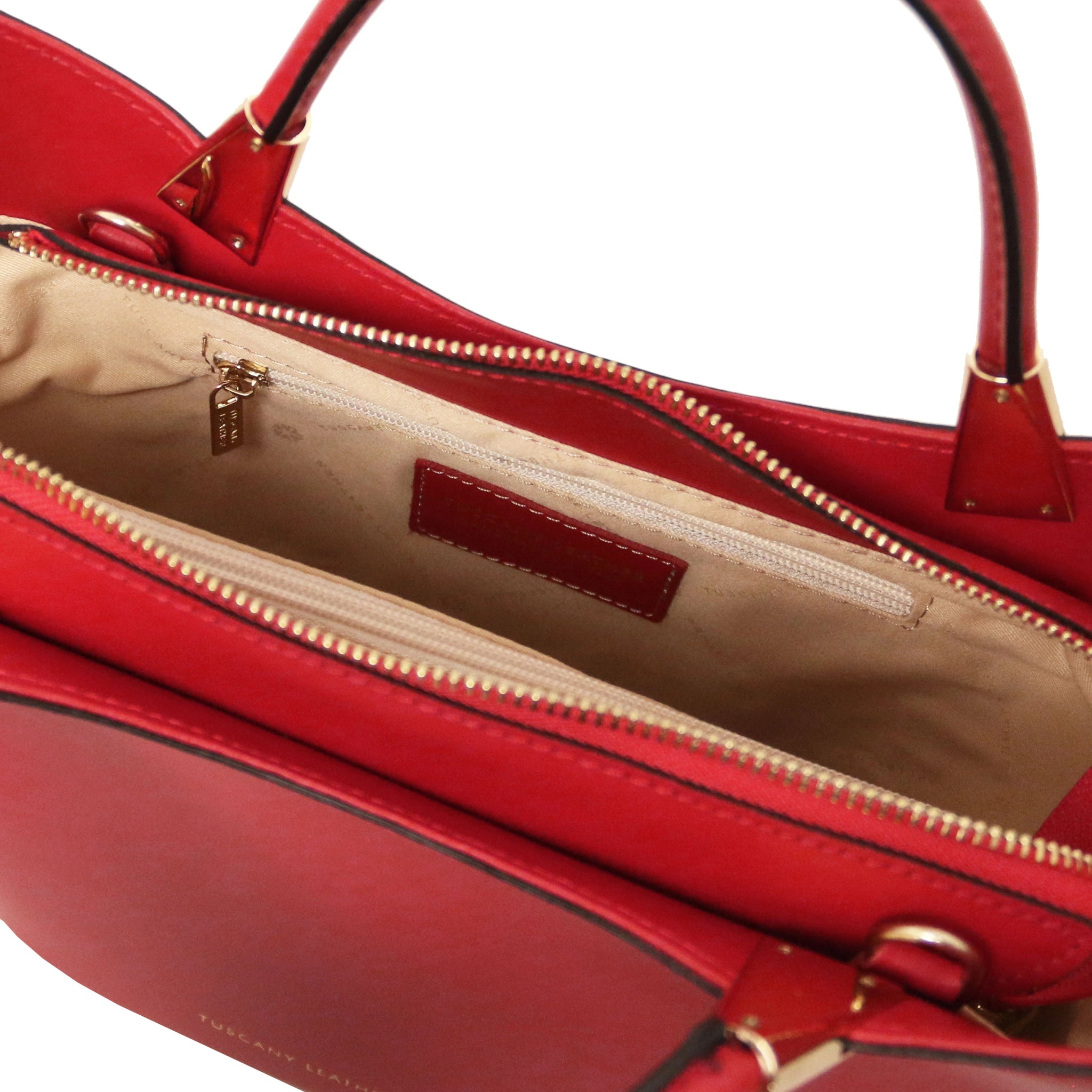 TL Bag Italian Leather Handbag in Red interior view showing centered zippered compartment, beige lining and zippered pocket