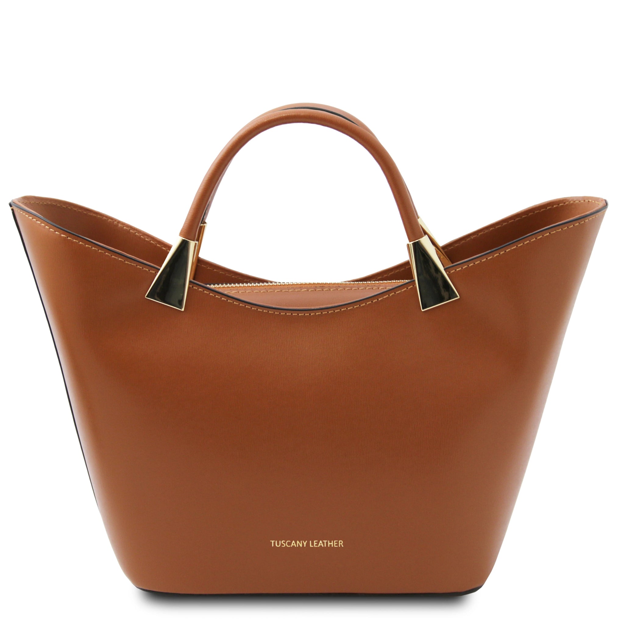 TL Bag Italian Leather Handbag in Cognac front view on a white background