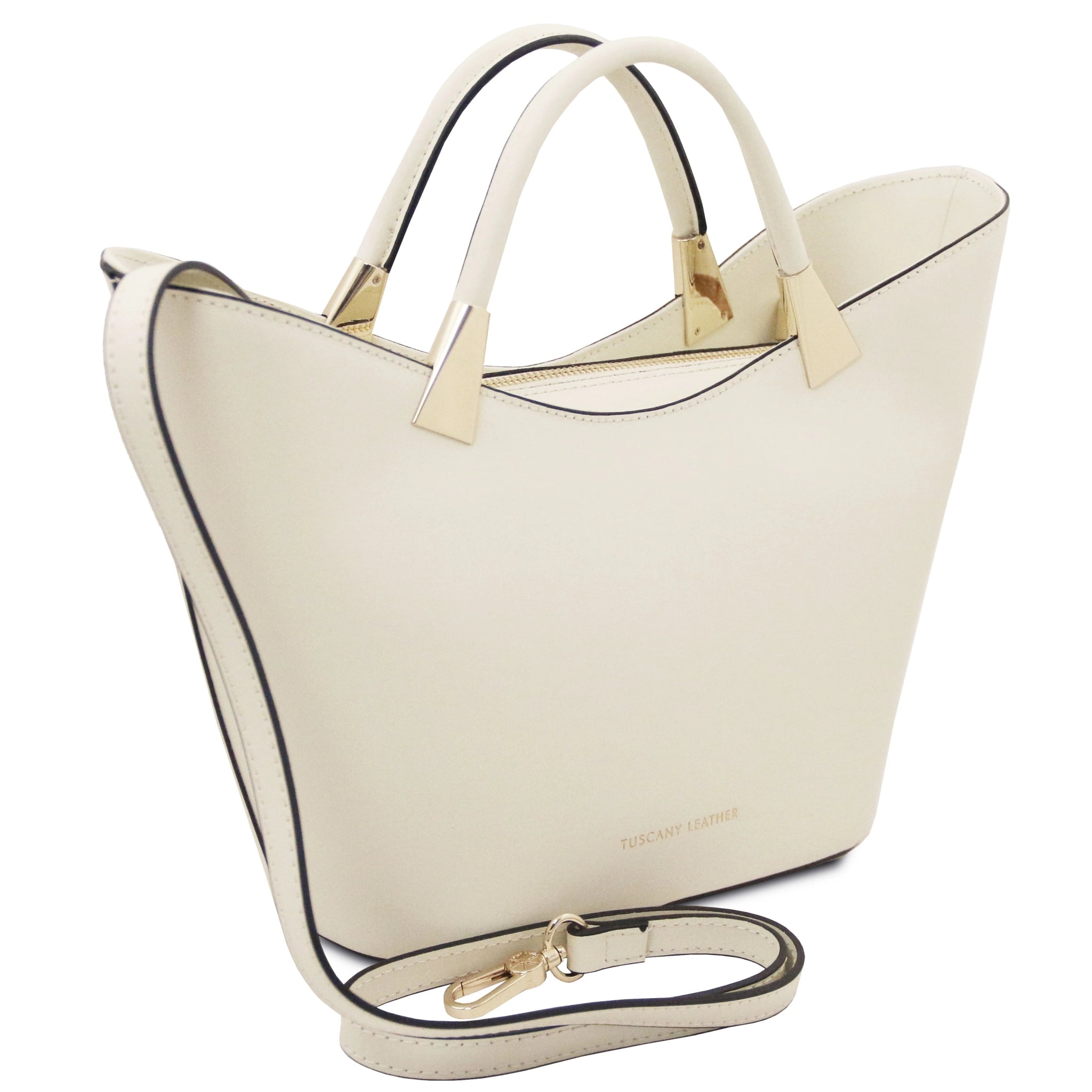 TL Bag Italian Leather Handbag in White front view on a white background showing detachable shoulder strap