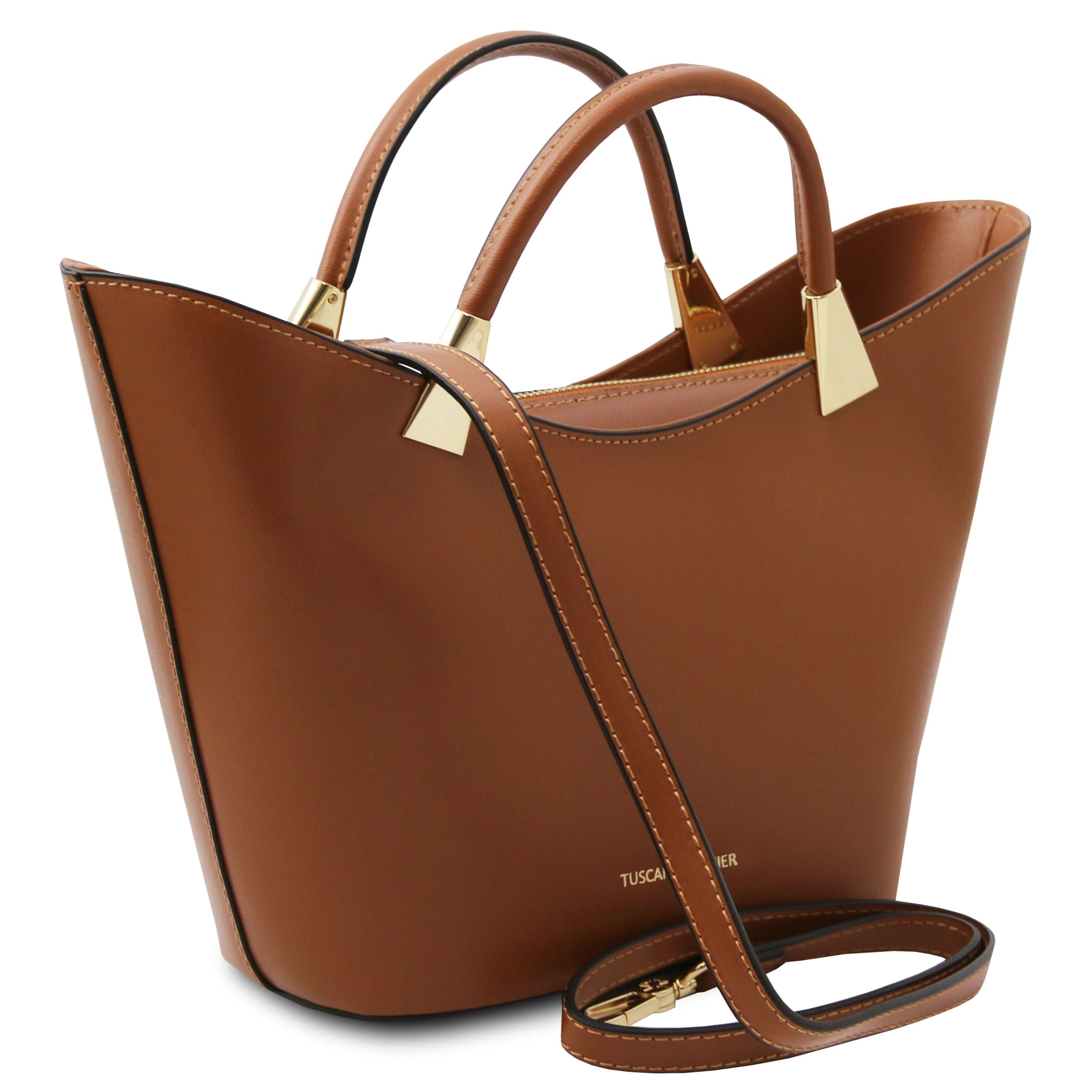 TL Bag Italian Leather Handbag in Cognac front view on a white background showing detachable shoulder strap