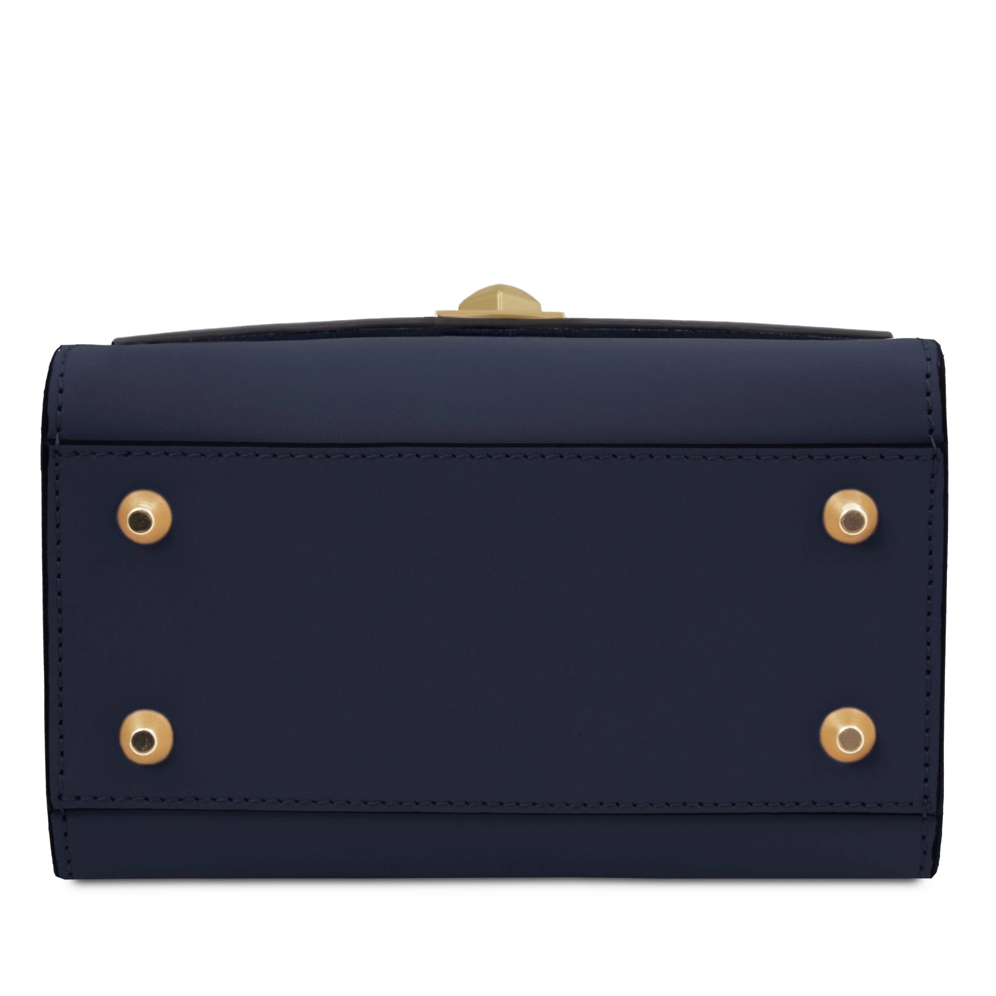 Bottom view TL Bag Italian Leather Mini Bag in dark blue with four gold feet