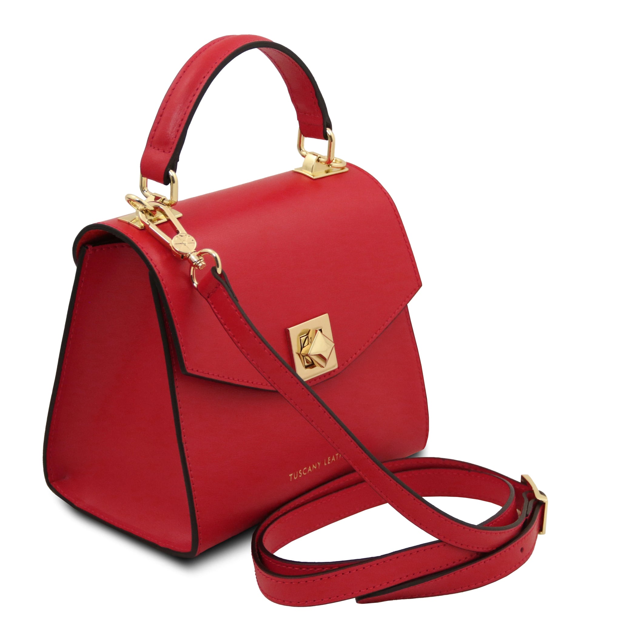 Front angled view TL Bag Italian Leather Mini Bag in red showing front fla closure with magnetic closure, top handle and adjustable and detachable shoulder strap