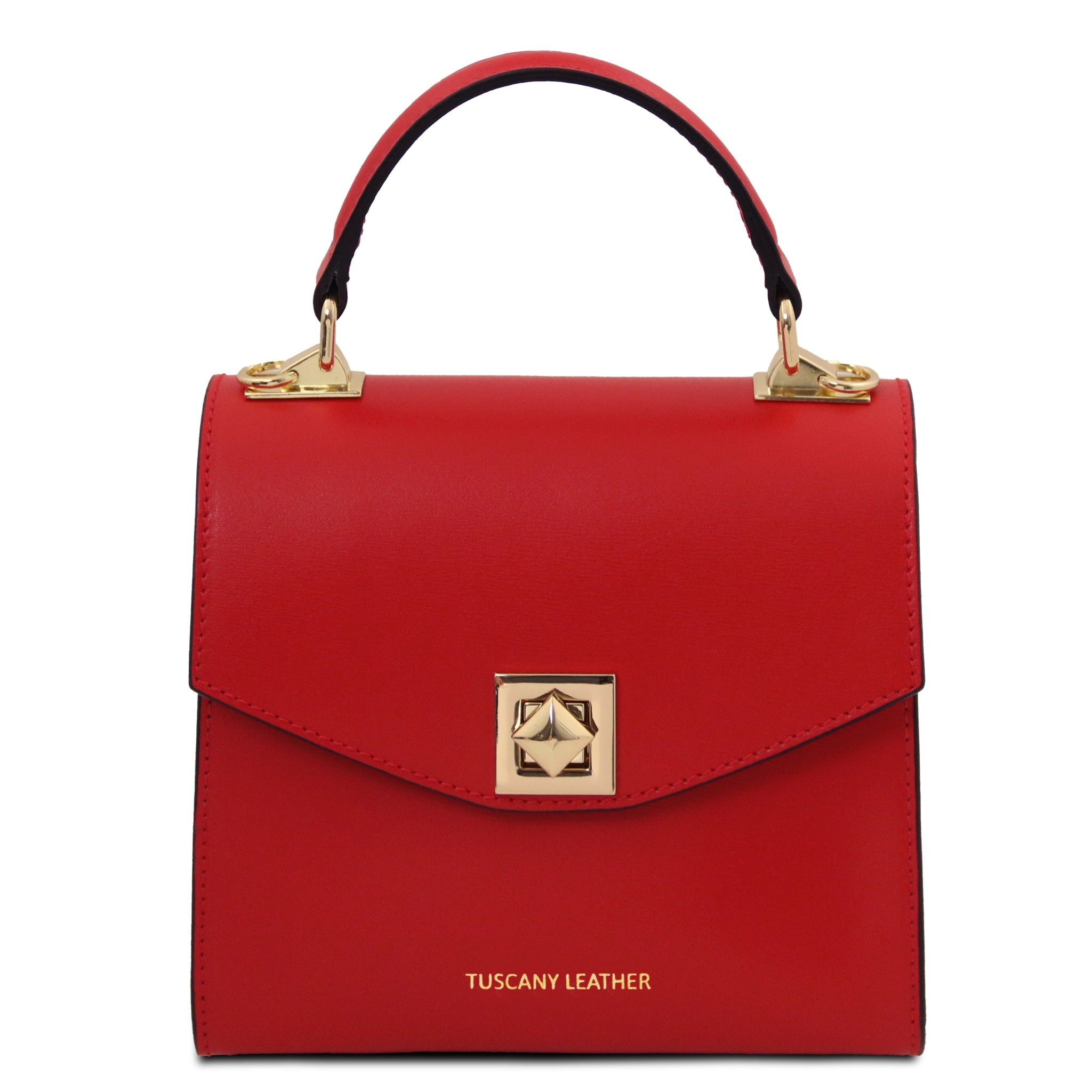 Front view TL Bag Italian Leather Mini Bag in red showing decorative gold outlined geometric black and cream magnetic closure and top handle