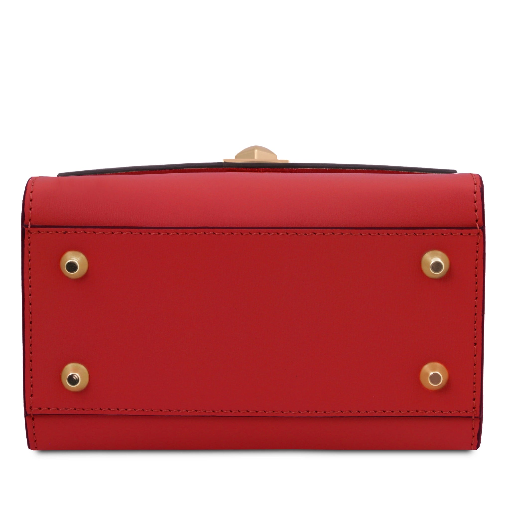 Bottom view TL Bag Italian Leather Mini Bag in red showing four gold protective feet