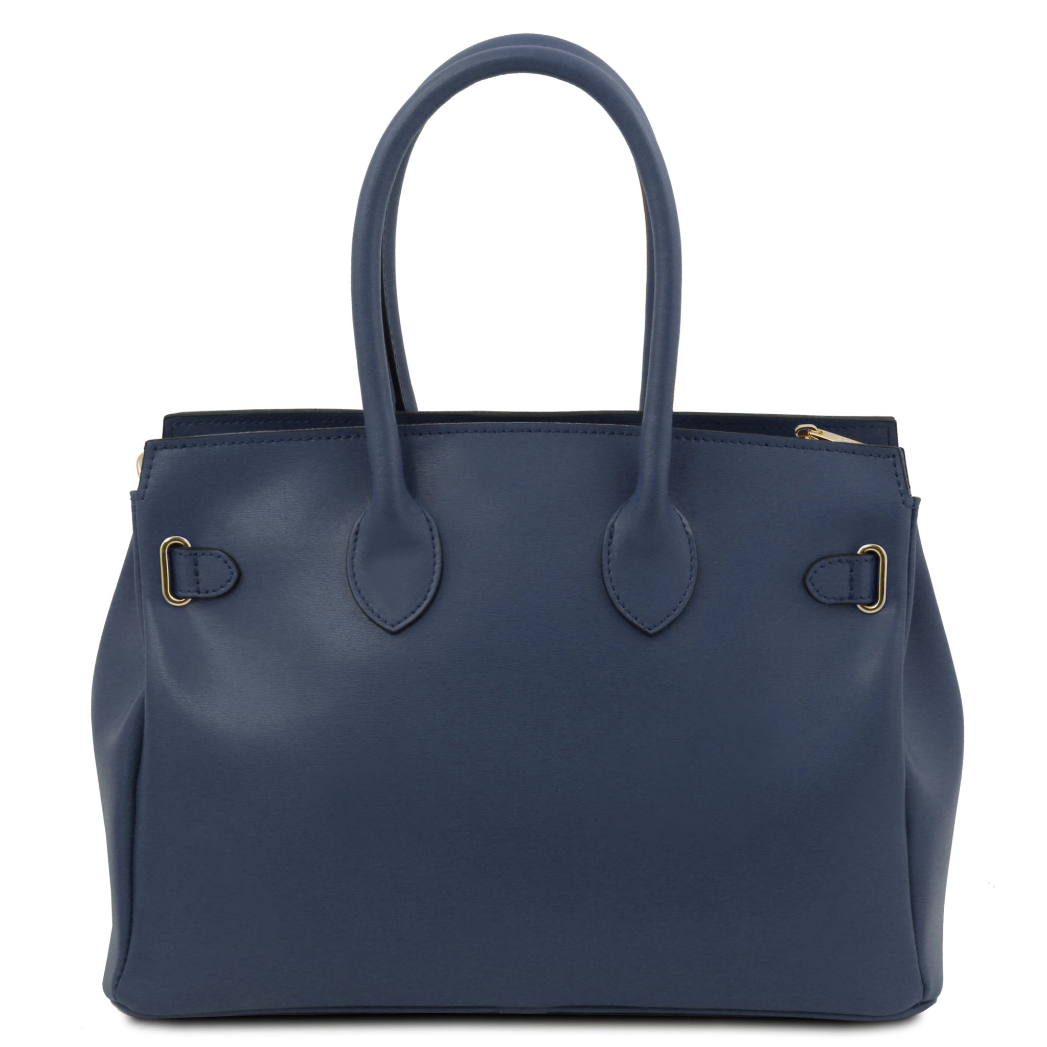 Back view TL Bag Italian Leather Handbag Dark Blue with back rounded gold buckle accent
