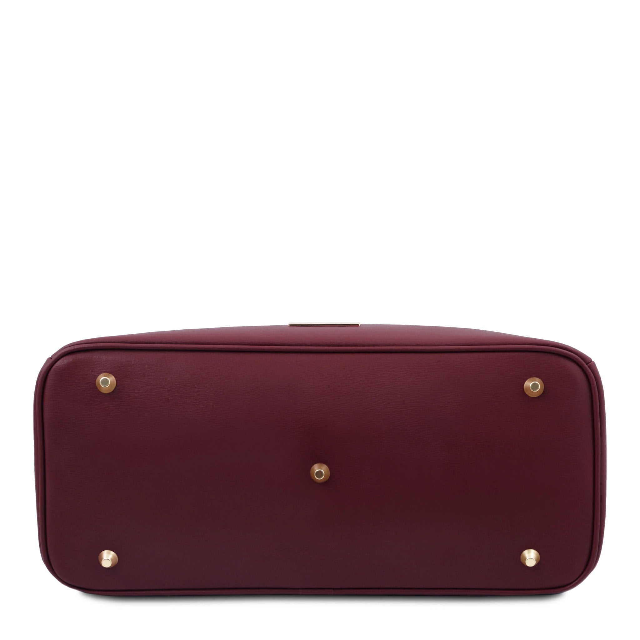 Bottom view TL Bag Italian Leather Handbag in Bordeaux with five gold protective feet