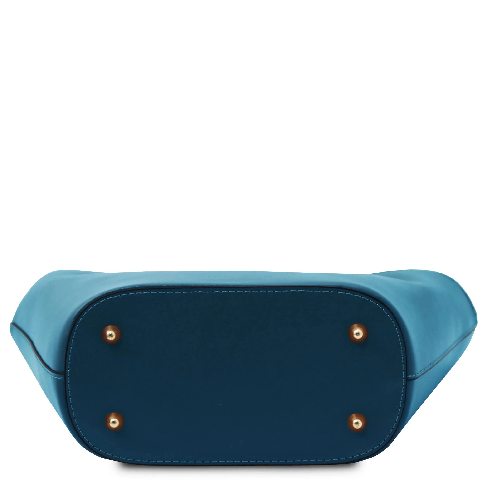 TL Bag Italian Leather Handbag in Teal bottom view showing four gold protective feet