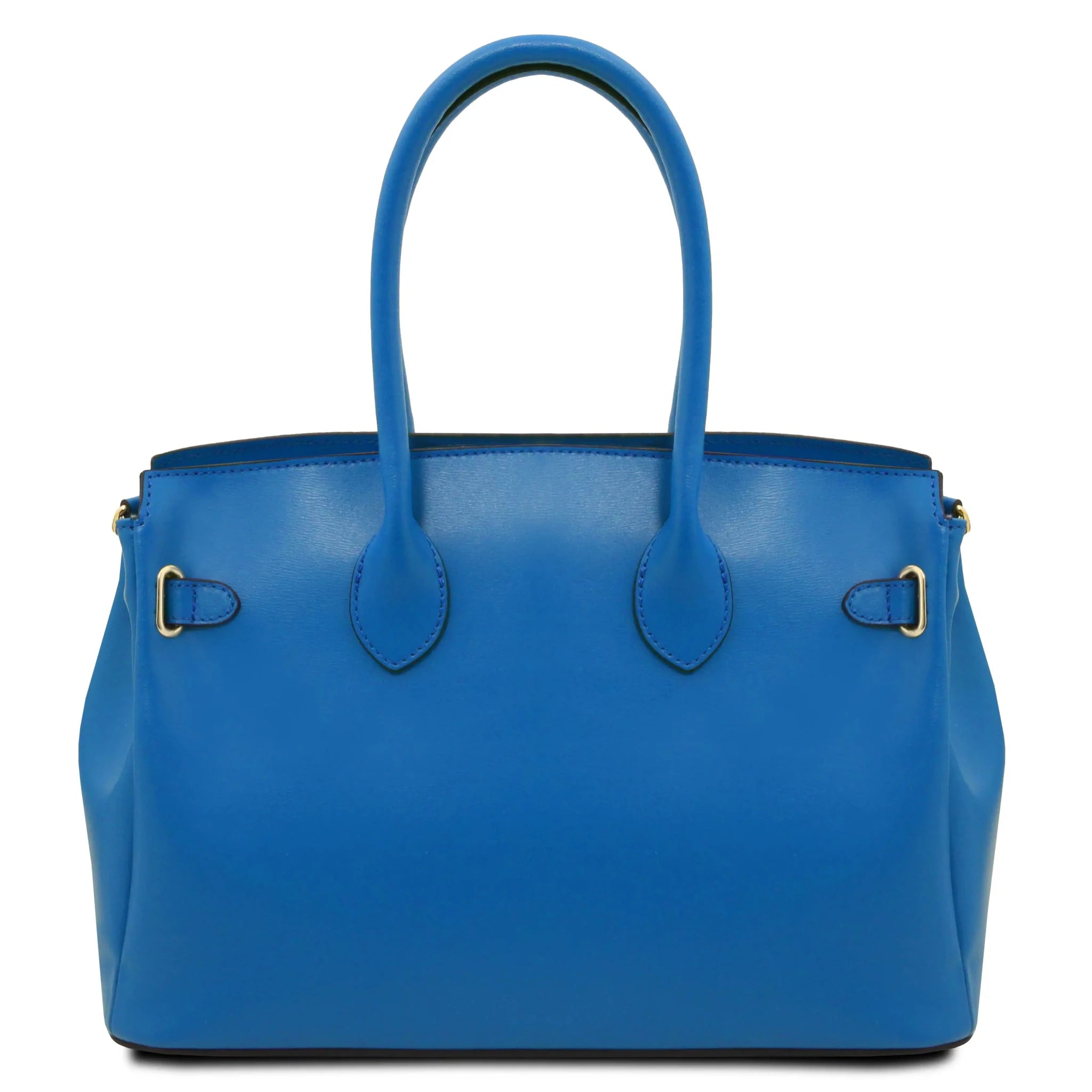 Back view TL Bag in blue with arched handle and back rounded gold buckle accent