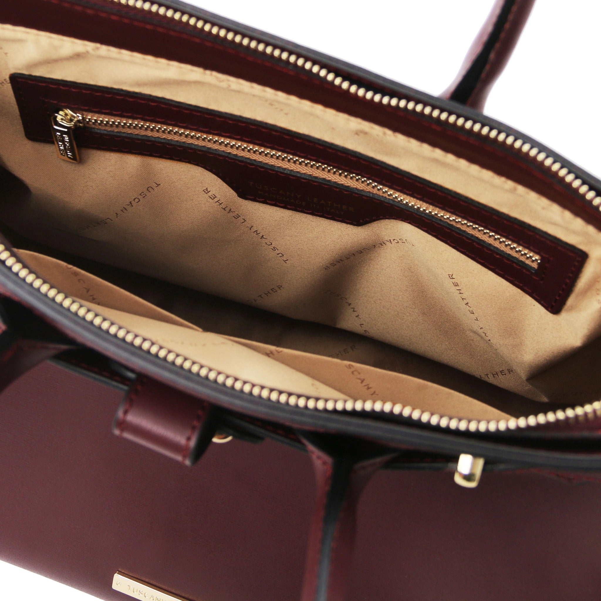 Interior zip pocket view TL Bag Italian Leather Handbag in Bordeaux with beige interior