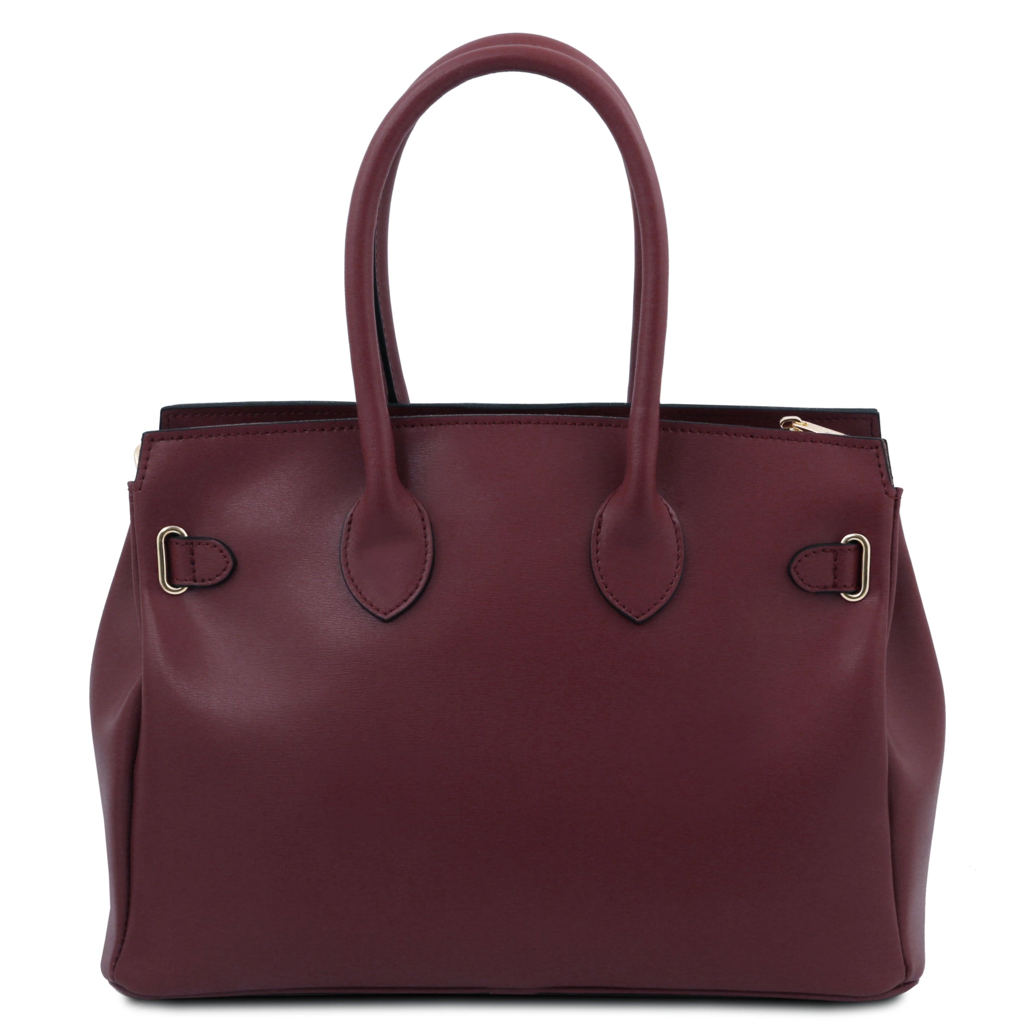 Back view TL Bag Italian Leather Handbag Bordeaux with back rounded gold buckle accent