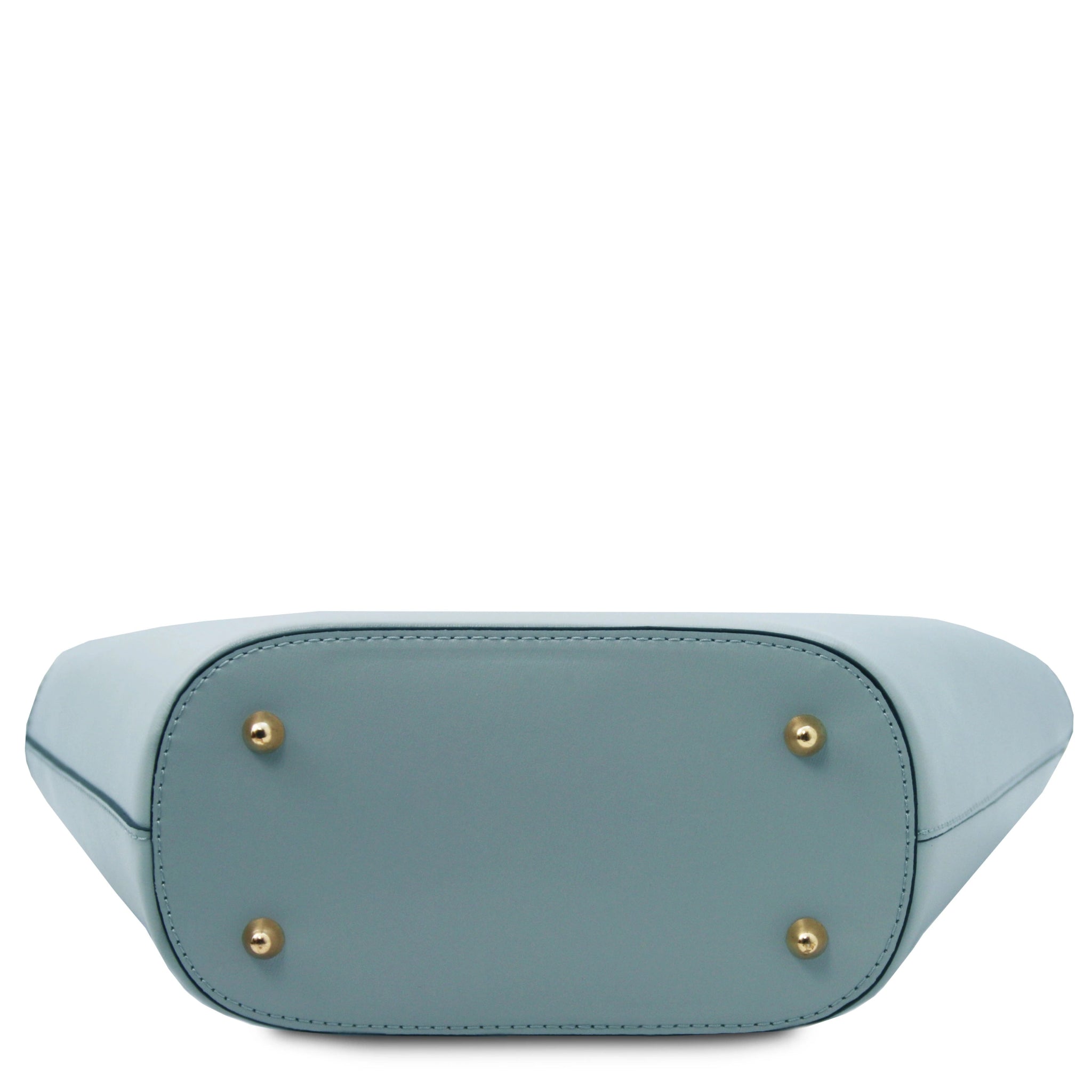 TL Bag Italian Leather Handbag in Light Blue bottom view showing four gold protective feet