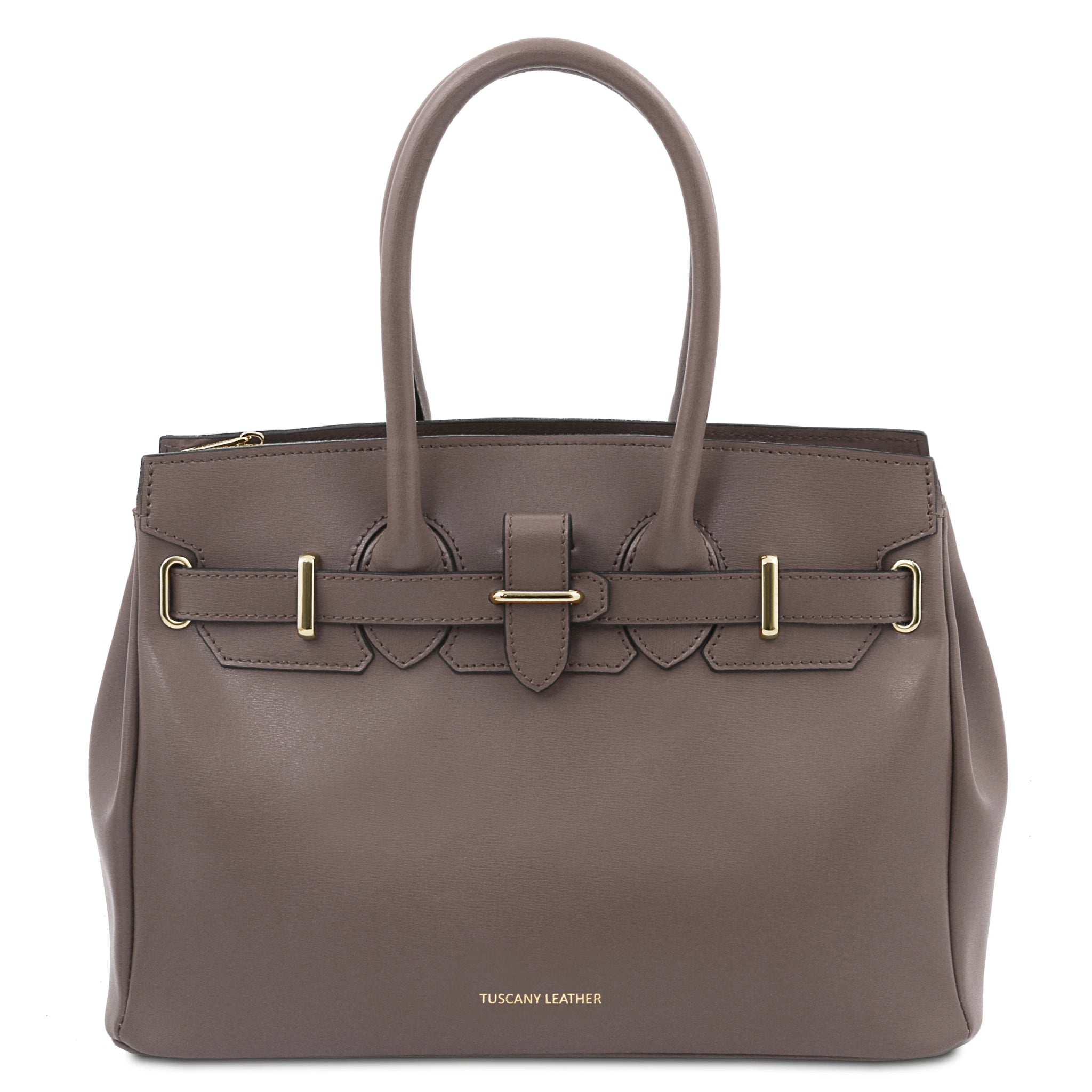 Front view TL Bag Italian Leather Handbag Dark Taupe with branding at center bottom of bag
