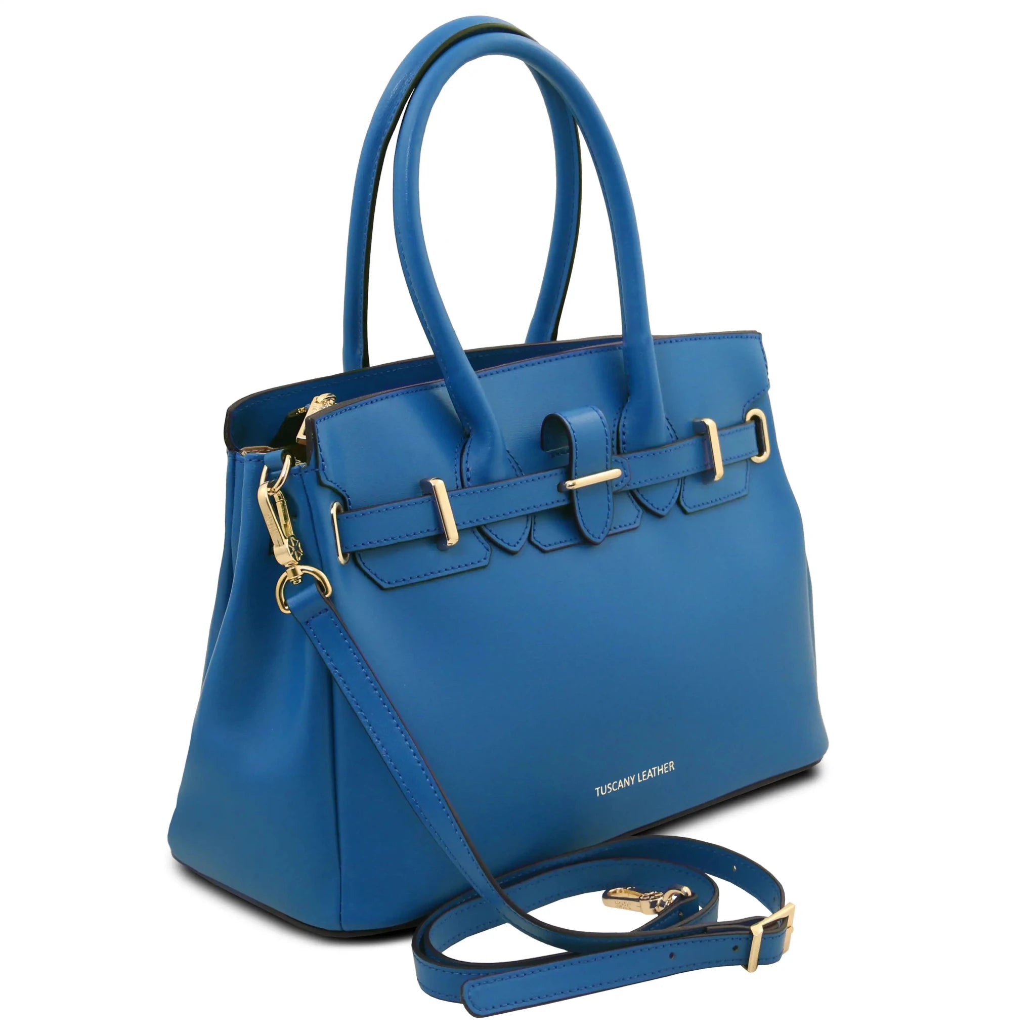 Front Side view TL Bag in Blue with detachable shoulder strap