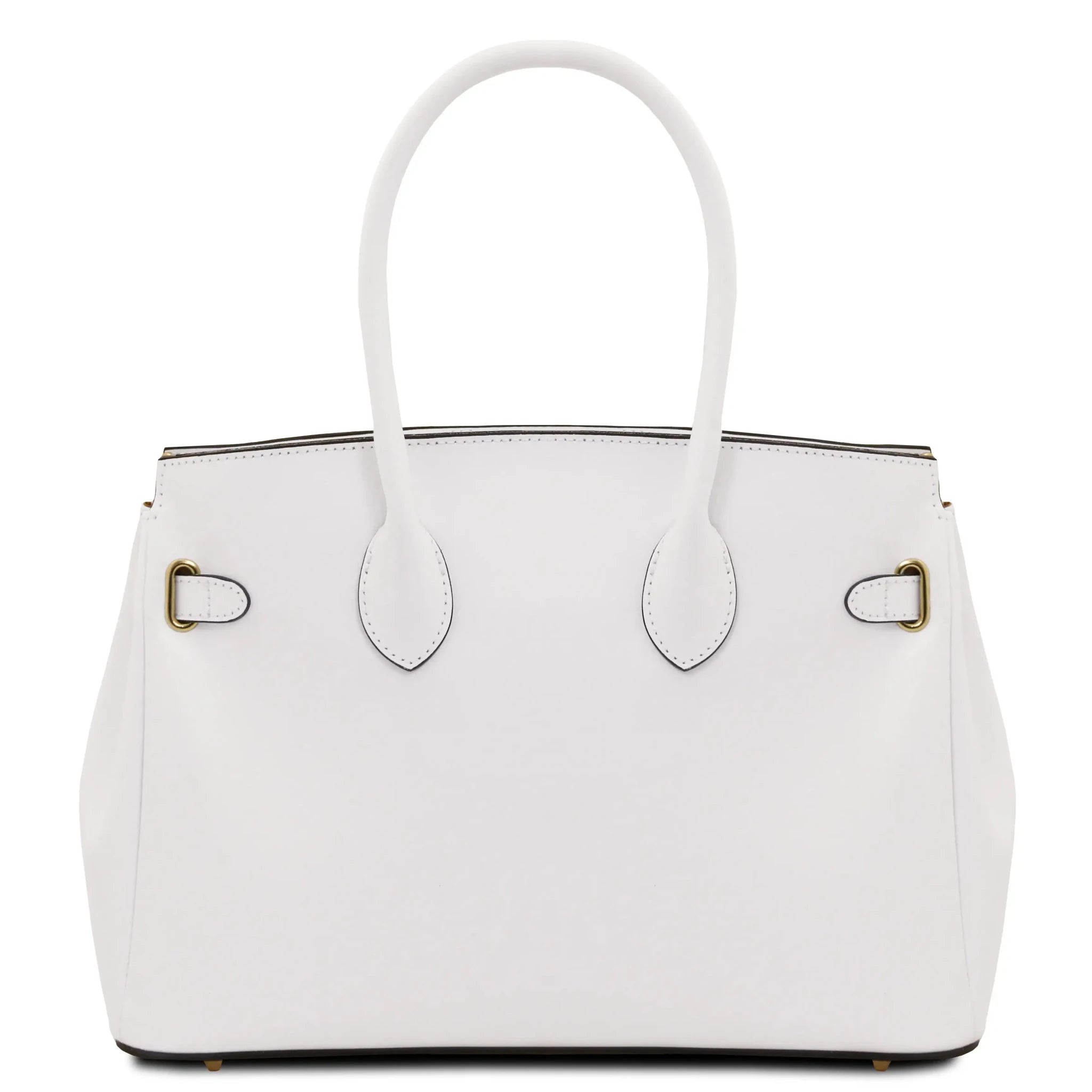 Back view TL Bag Italian Leather Handbag white with arched handle and back rounded gold buckle accent