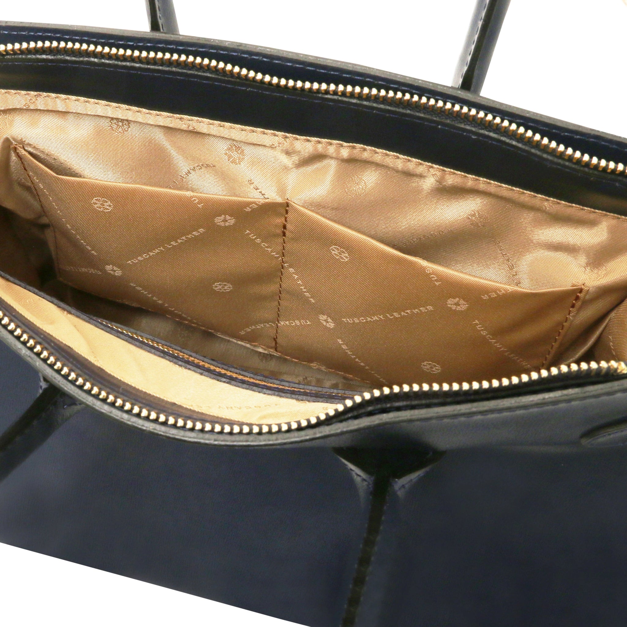 Interior double open pocket view TL Bag Italian Leather Handbag in Dark Blue beige lining