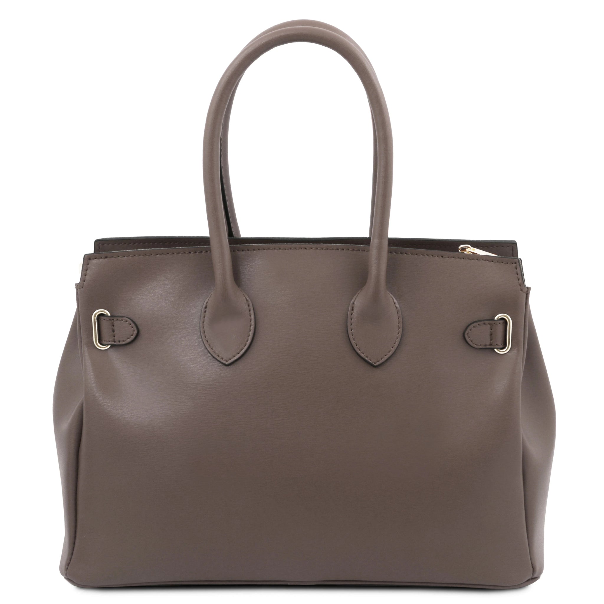 Back view TL Bag Italian Leather Handbag Dark Taupe with back rounded gold buckle accent