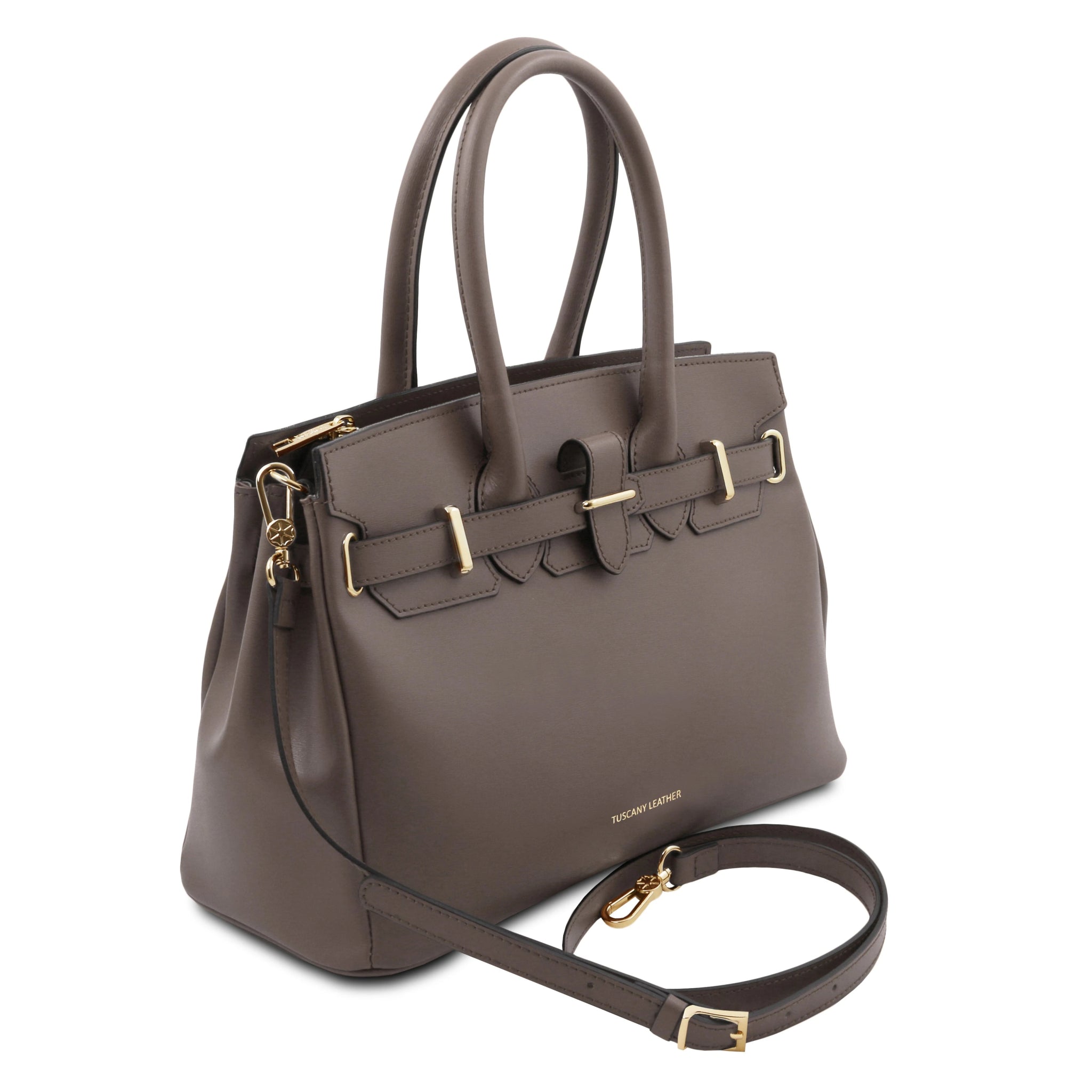 Front Side view TL Bag Italian Leather Handbag in Dark Taupe with detachable shoulder strap