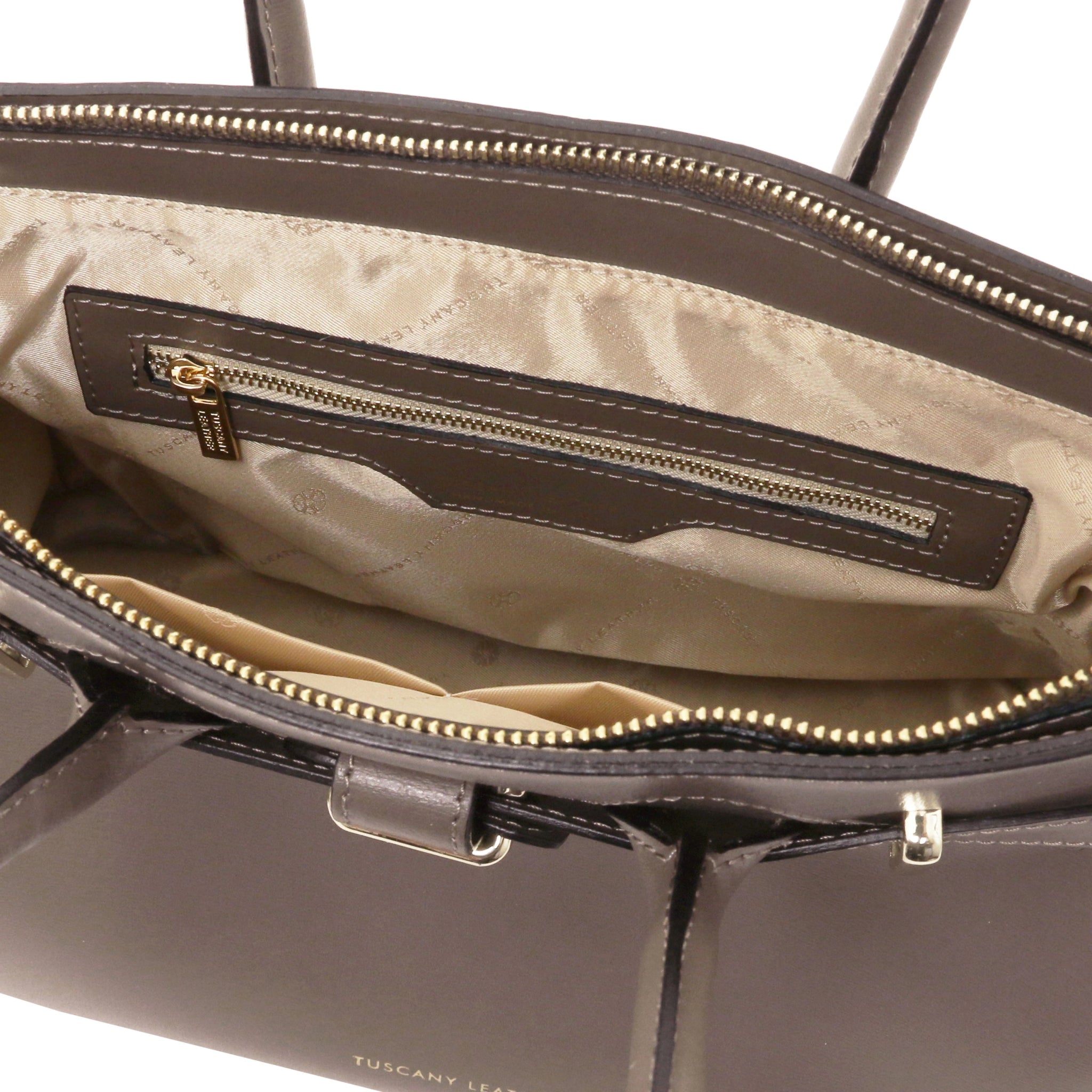 Interior zip pocket view TL Bag Italian Leather Handbag in Dark Taupe with beige interior
