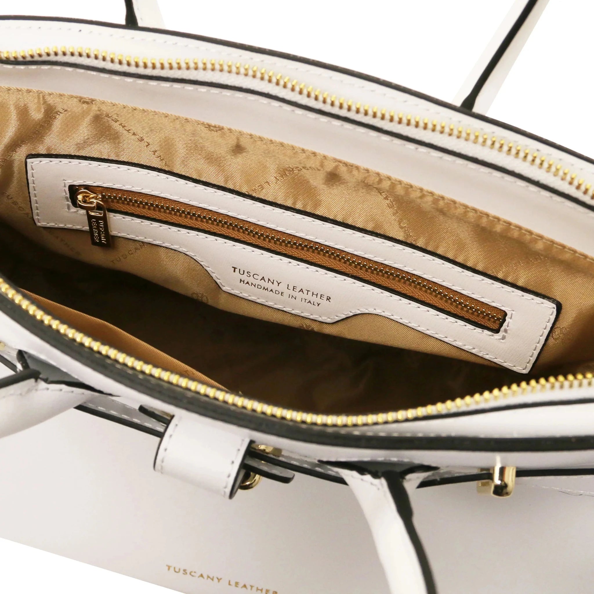 Interior zip pocket view TL Bag Italian Leather Handbag in white with beige interior