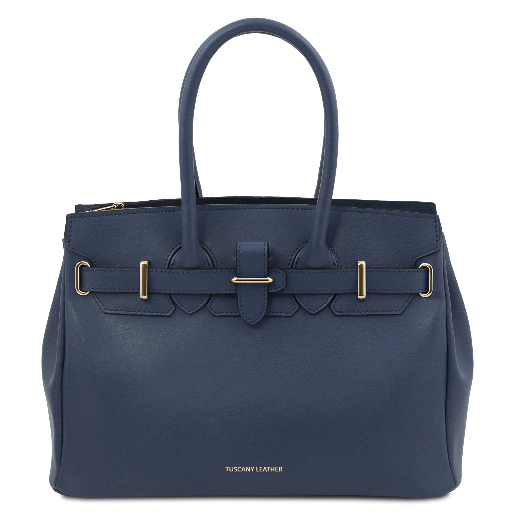 Front view TL Bag Italian Leather Handbag Dark Blue with branding at center bottom of bag
