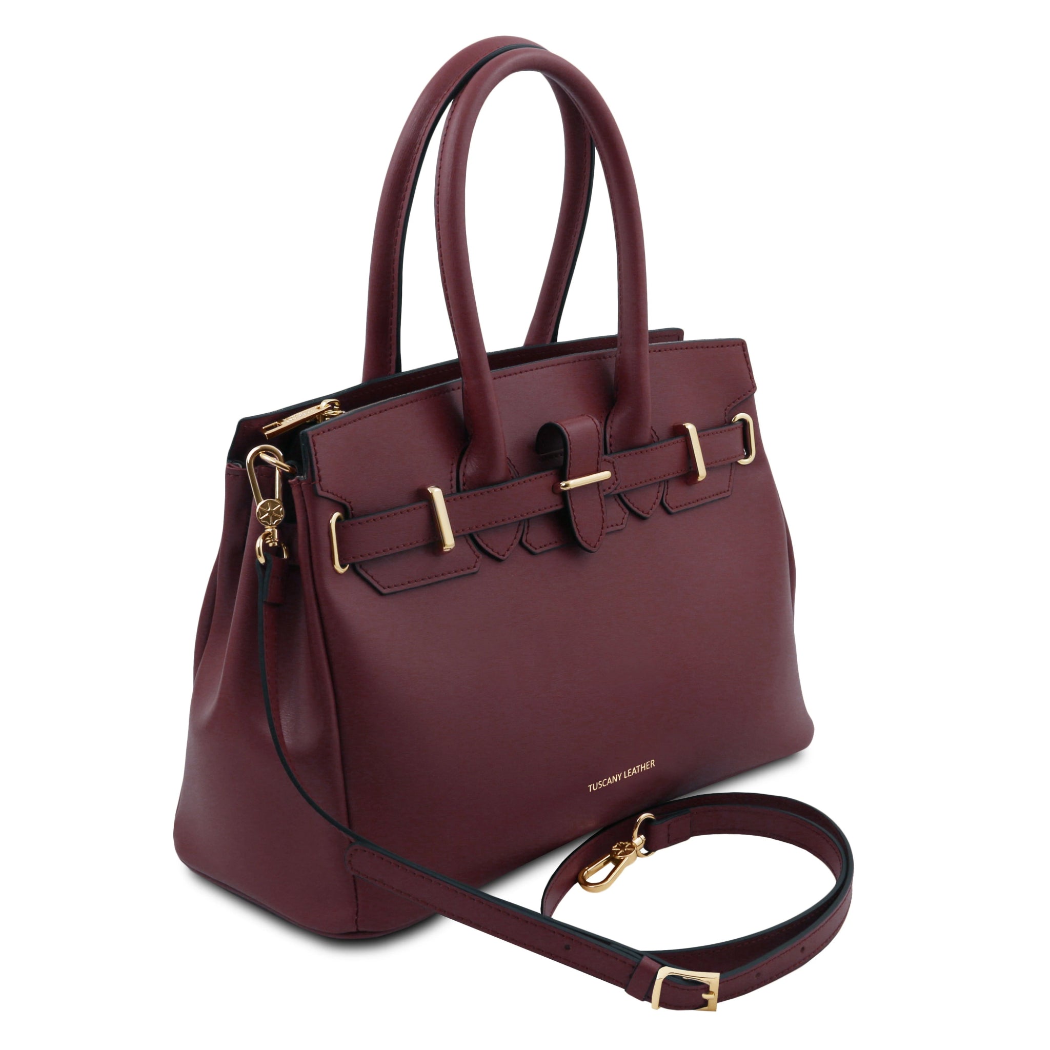 Front Side view TL Bag Italian Leather Handbag in Bordeaux with detachable shoulder strap