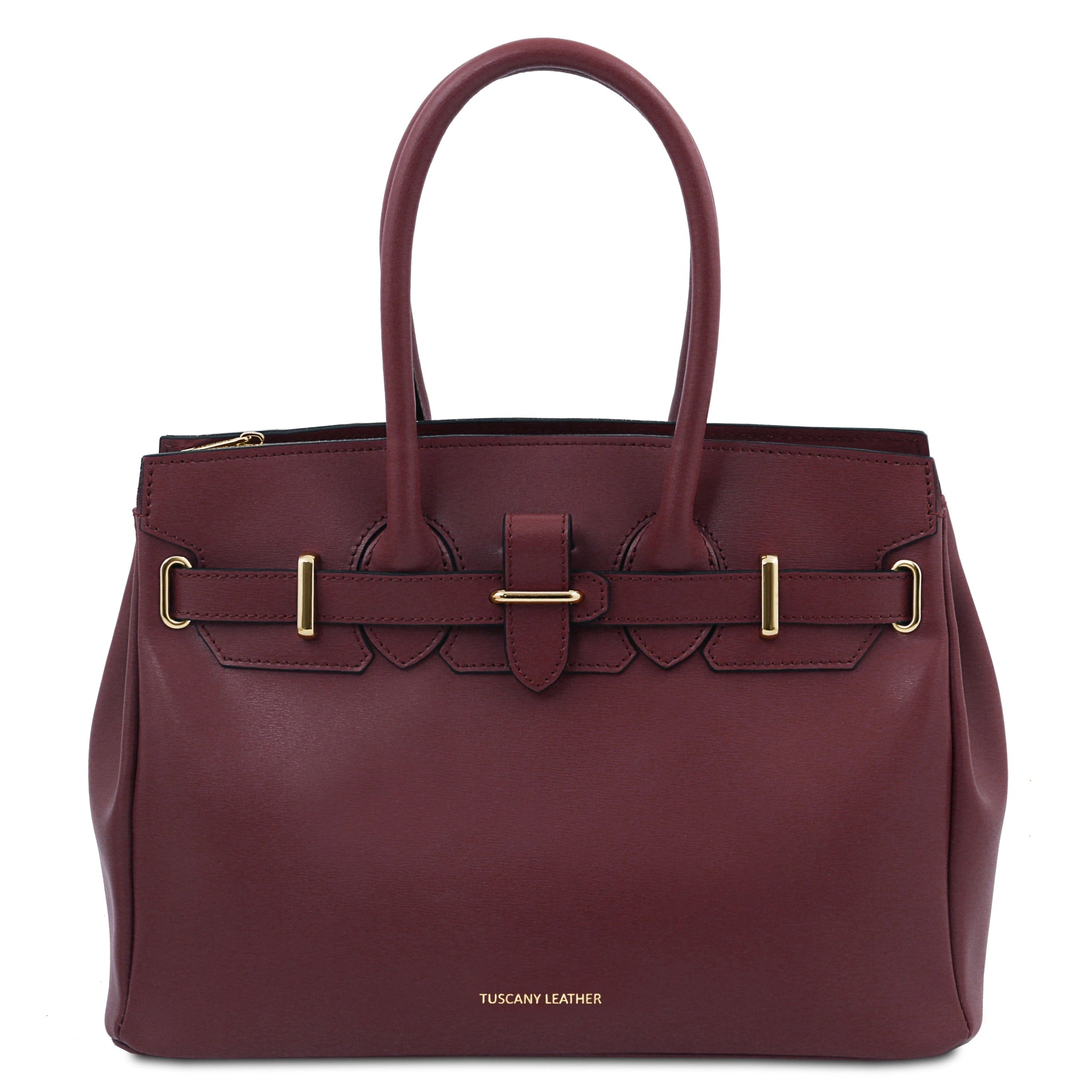 Front view TL Bag Italian Leather Handbag Bordeaux with branding at center bottom of bag
