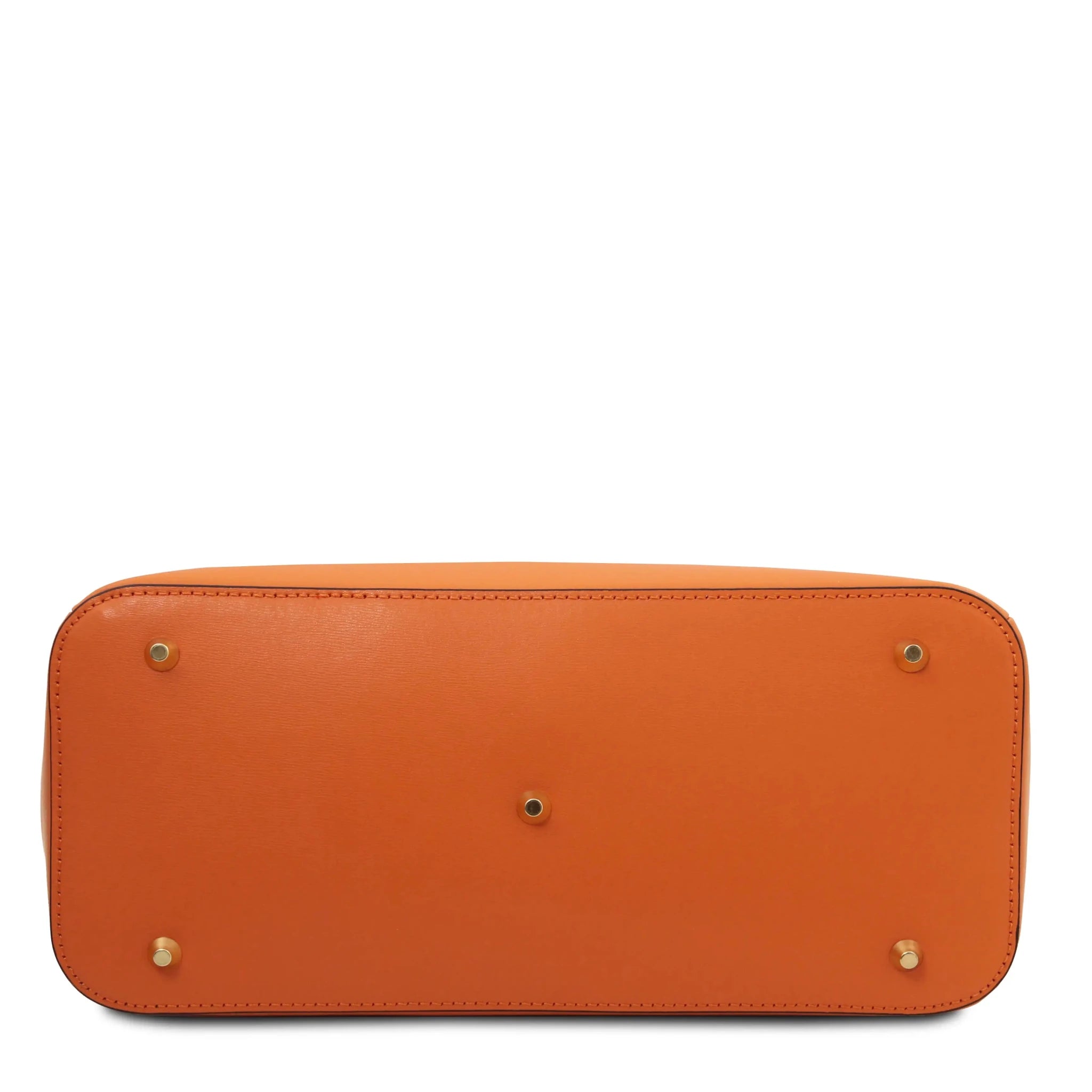 Bottom view TL Bag in Oramge with five protective golden feet