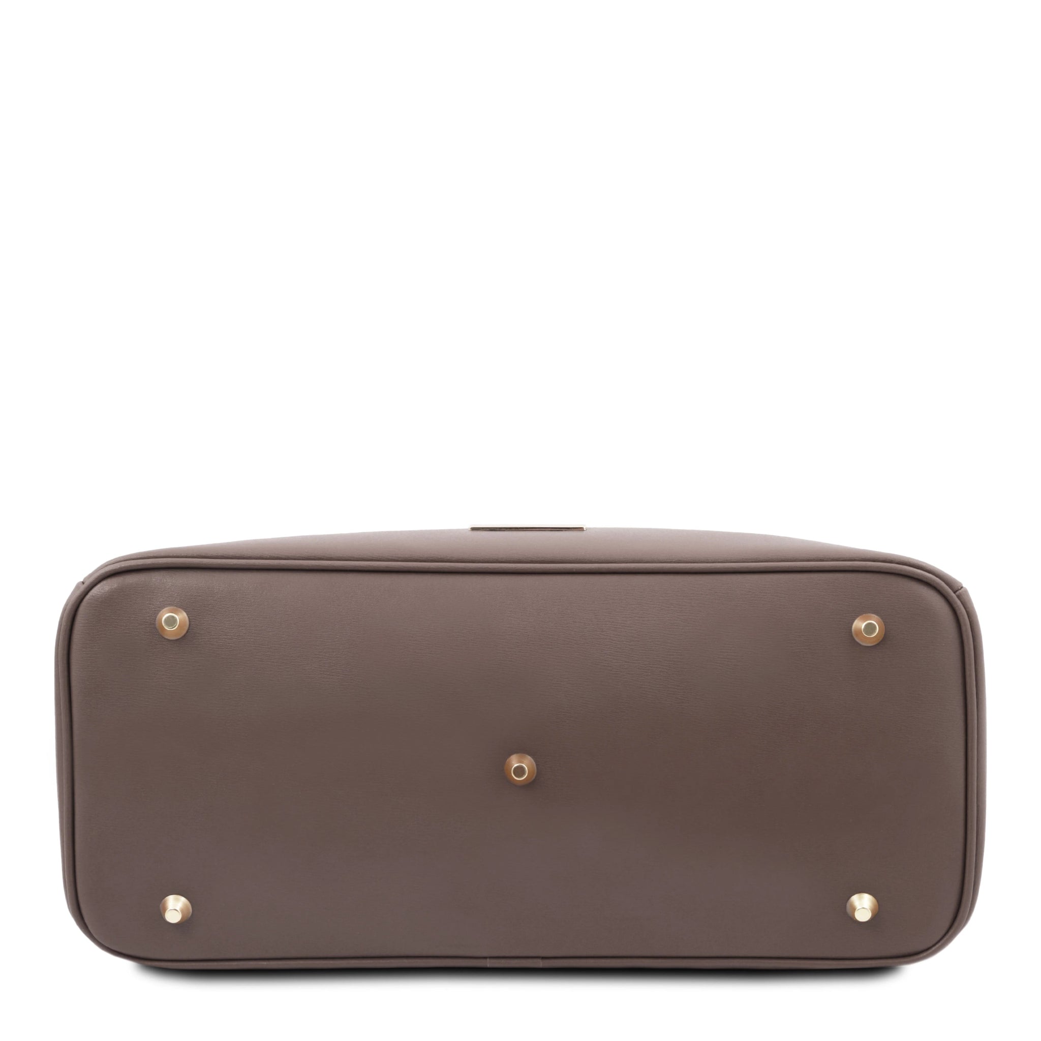Bottom view TL Bag Italian Leather Handbag in Dark Taupe with five gold protective feet