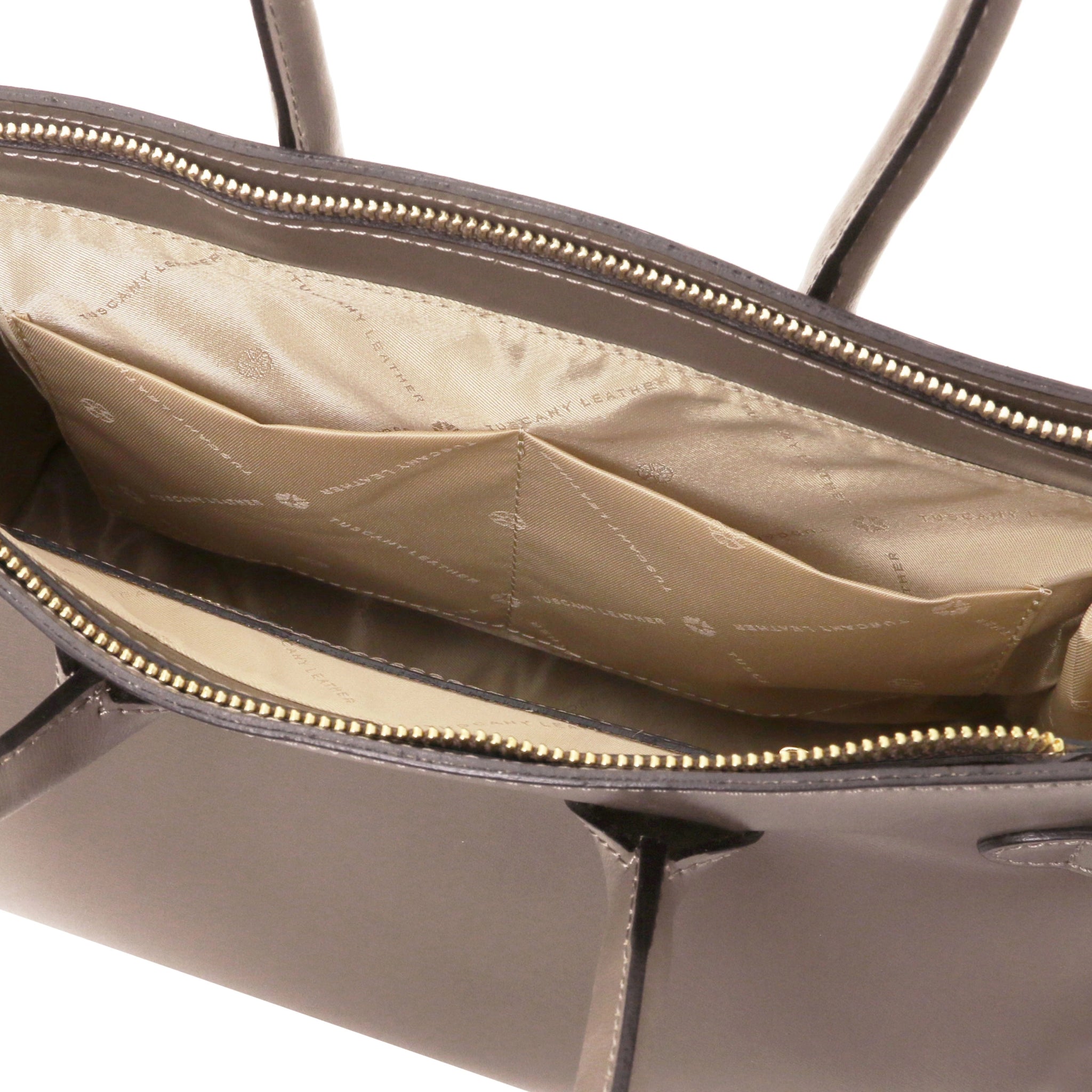 Interior double open pocket view TL Bag Italian Leather Handbag in Dark Taupe beige lining