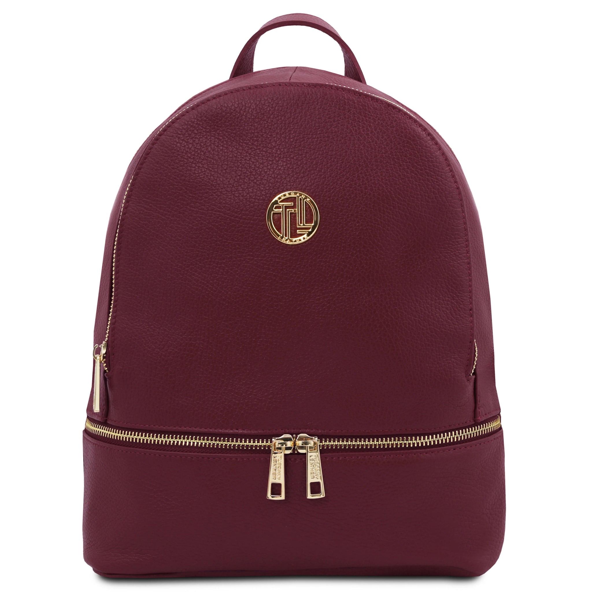 Front view Bordeaux backpack with gold zipper and logo