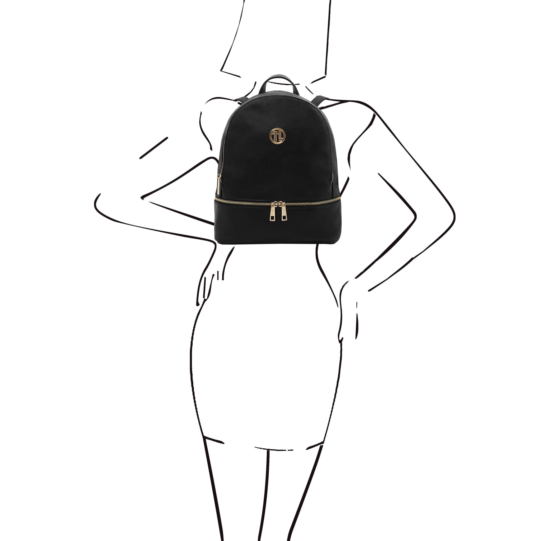 Black and white sketch of model wearing the TL Bag Italian Soft Leather Zip Backpack in Black