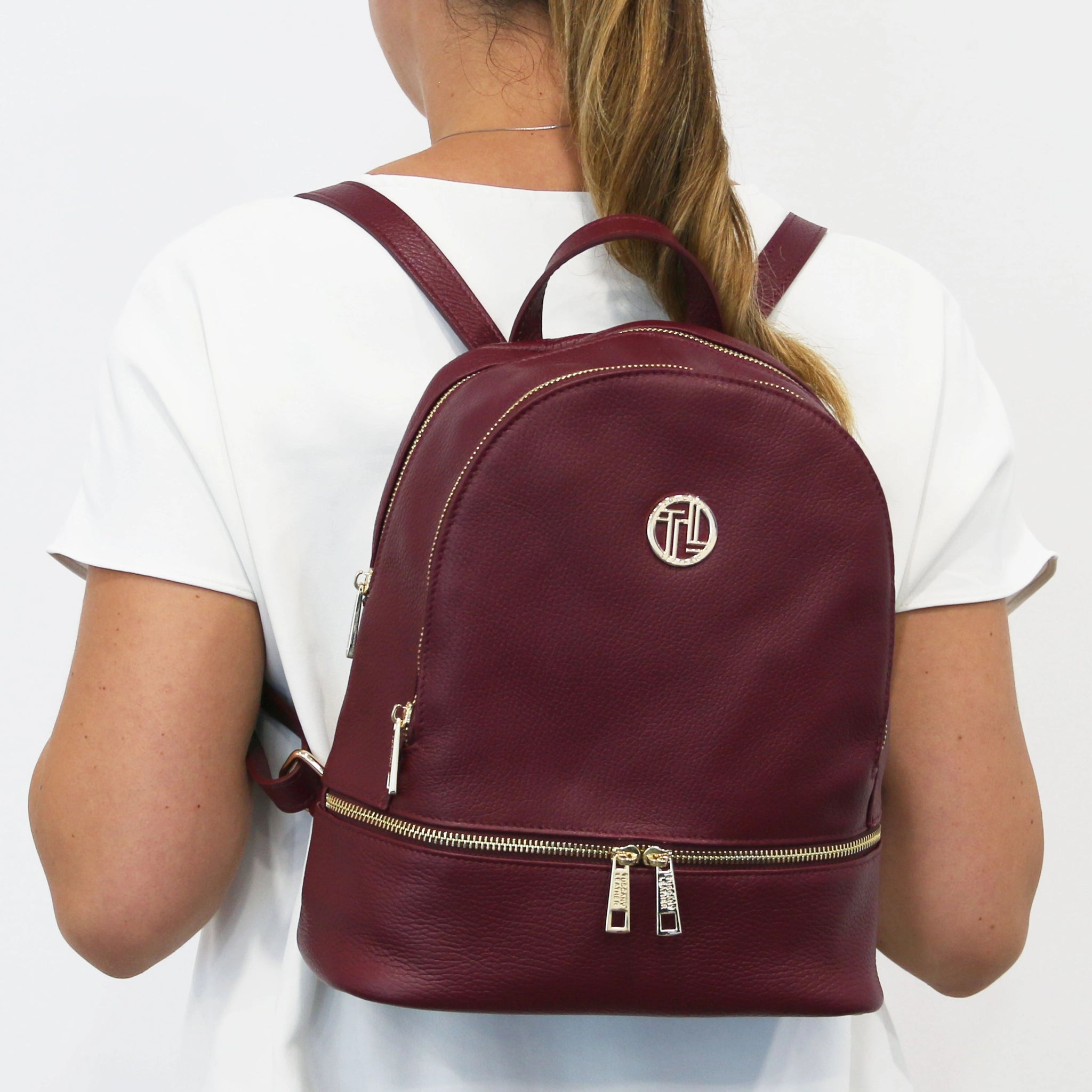 TL Bag Italian Soft Leather Zip Backpack in Bordeaux on a model