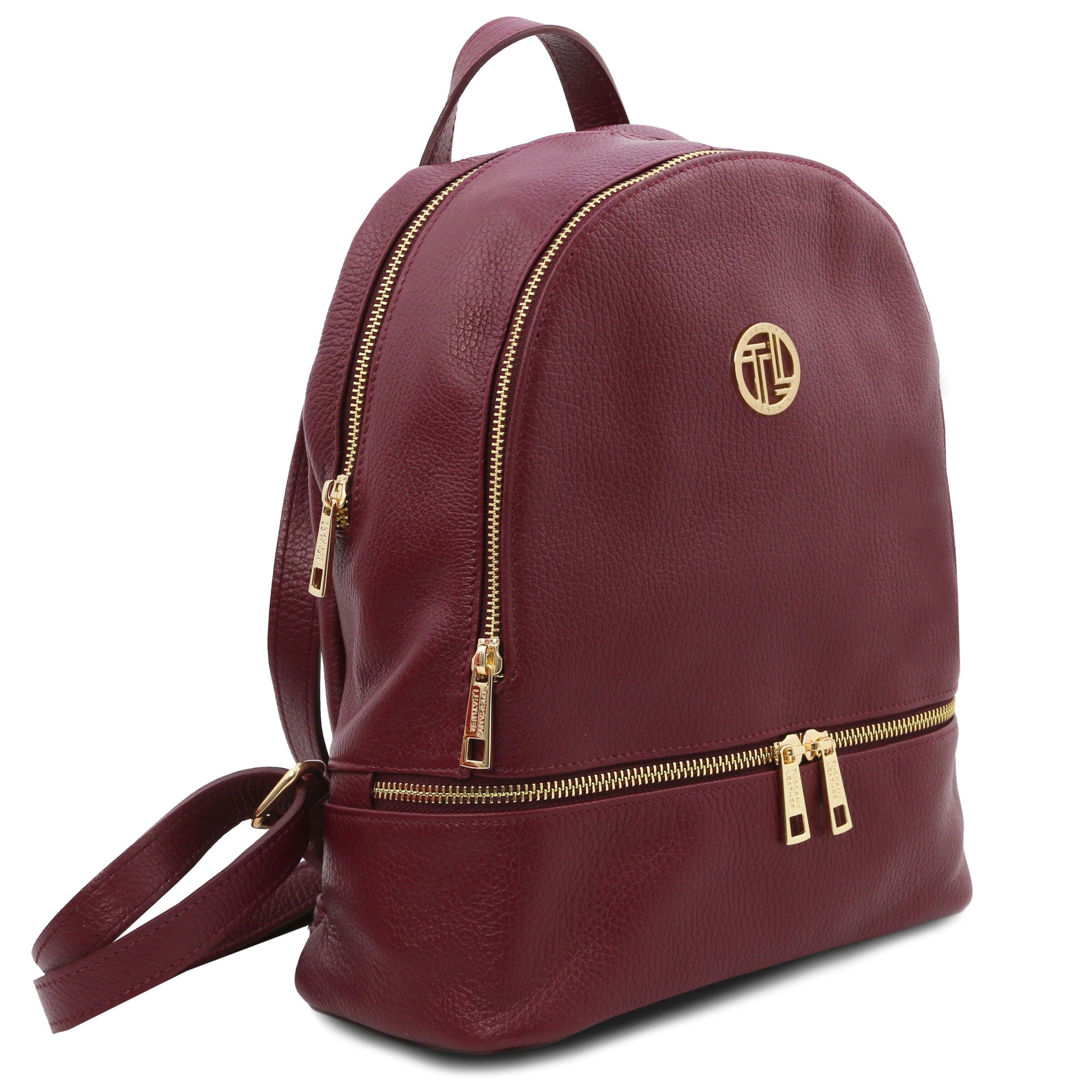 Front side angled view Bordeaux backpack with gold zipper and logo