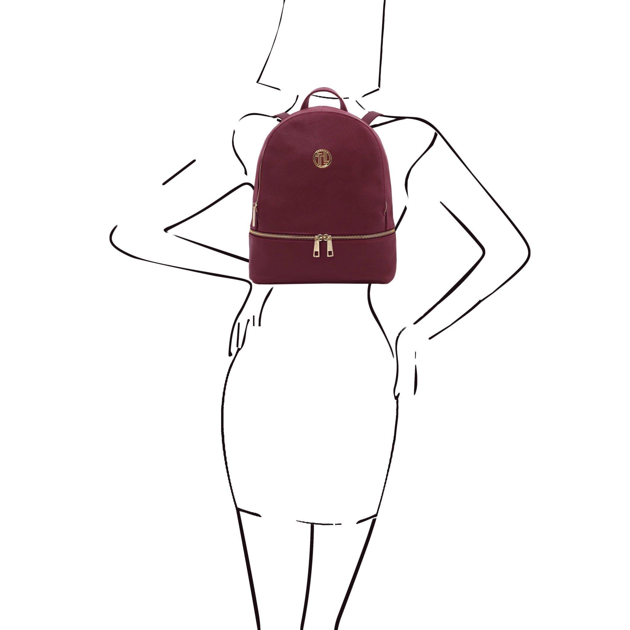 Black on white sketch of a woman wearing Bordeaux backpack with gold zipper