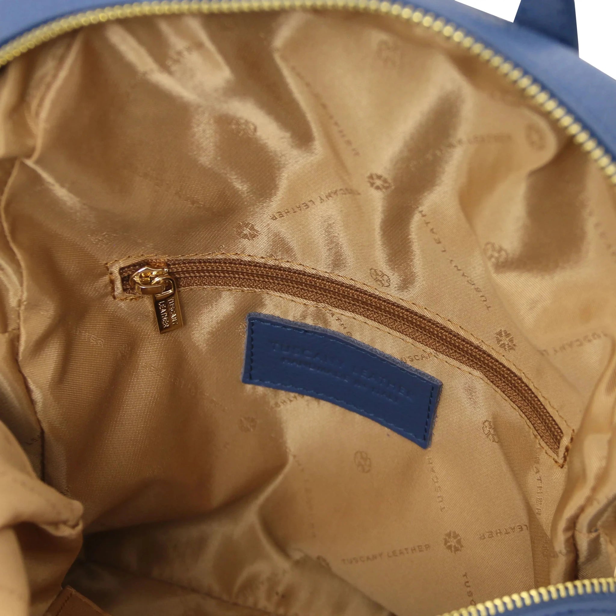 Denim TL Bag Italian Soft Leather Zip Backpack Interior Open Pocket Beige lining View