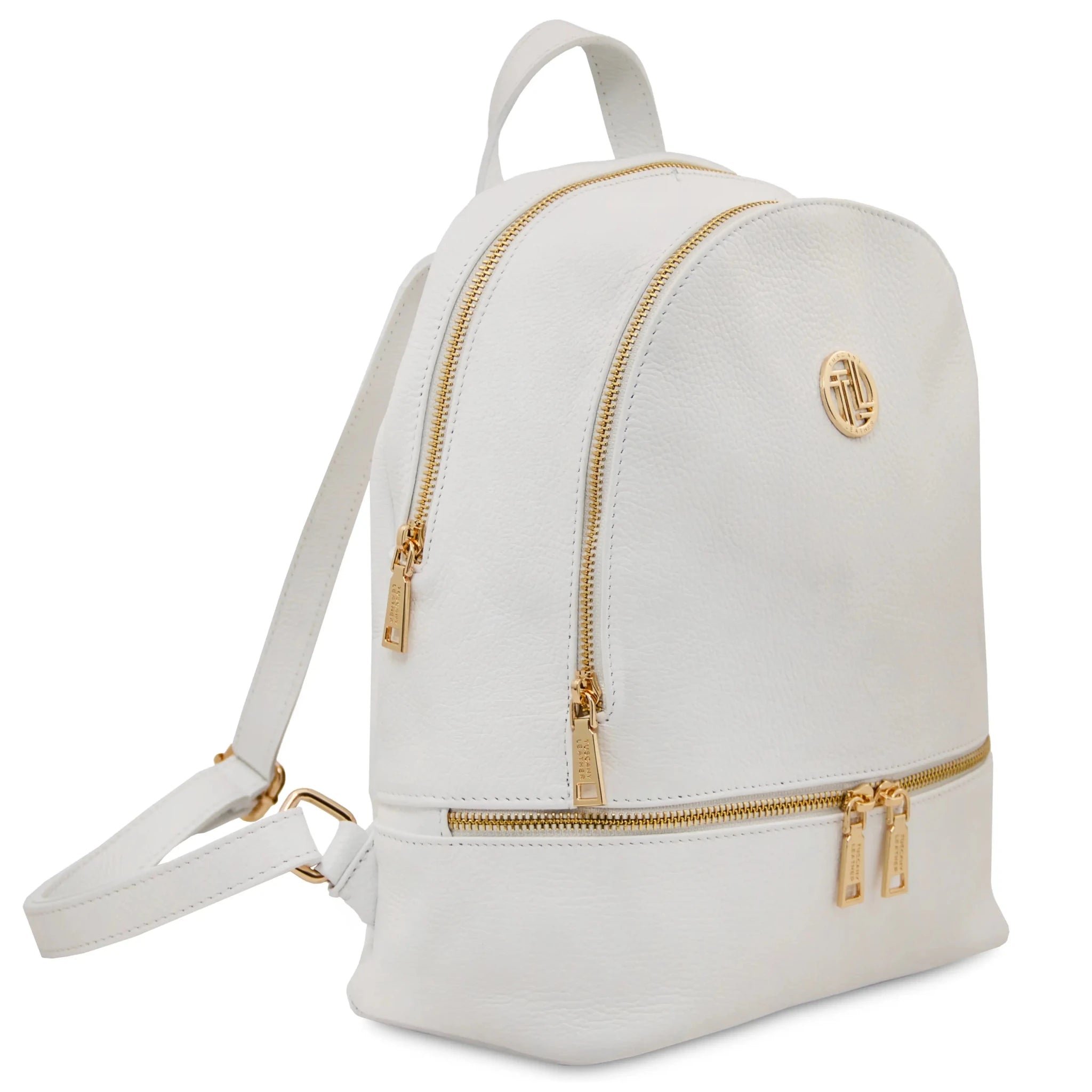 White TL Bag Italian Soft Leather Zip Backpack Side Backstrap View