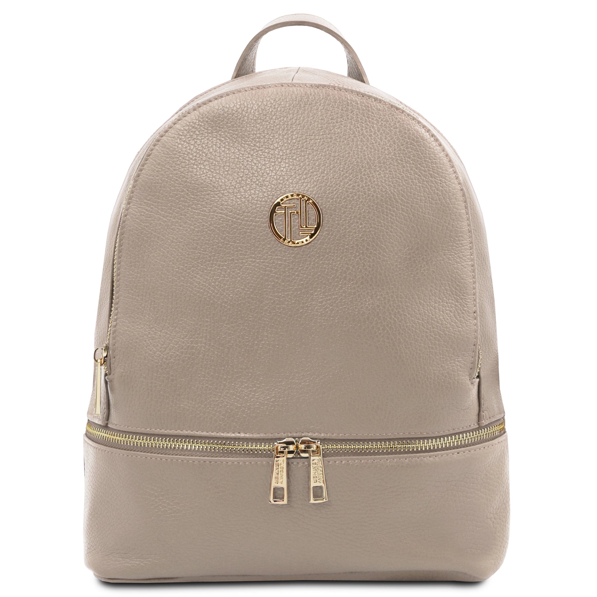 Front View TL Bag Italian Soft Leather Zip Backpack in Light taupe with gold hardware