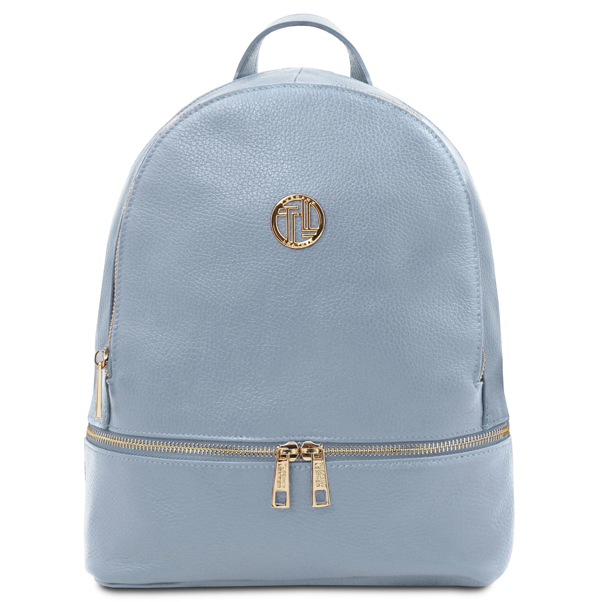 Front View TL Bag Italian Soft Leather Zip Backpack in Light Blue with gold hardware