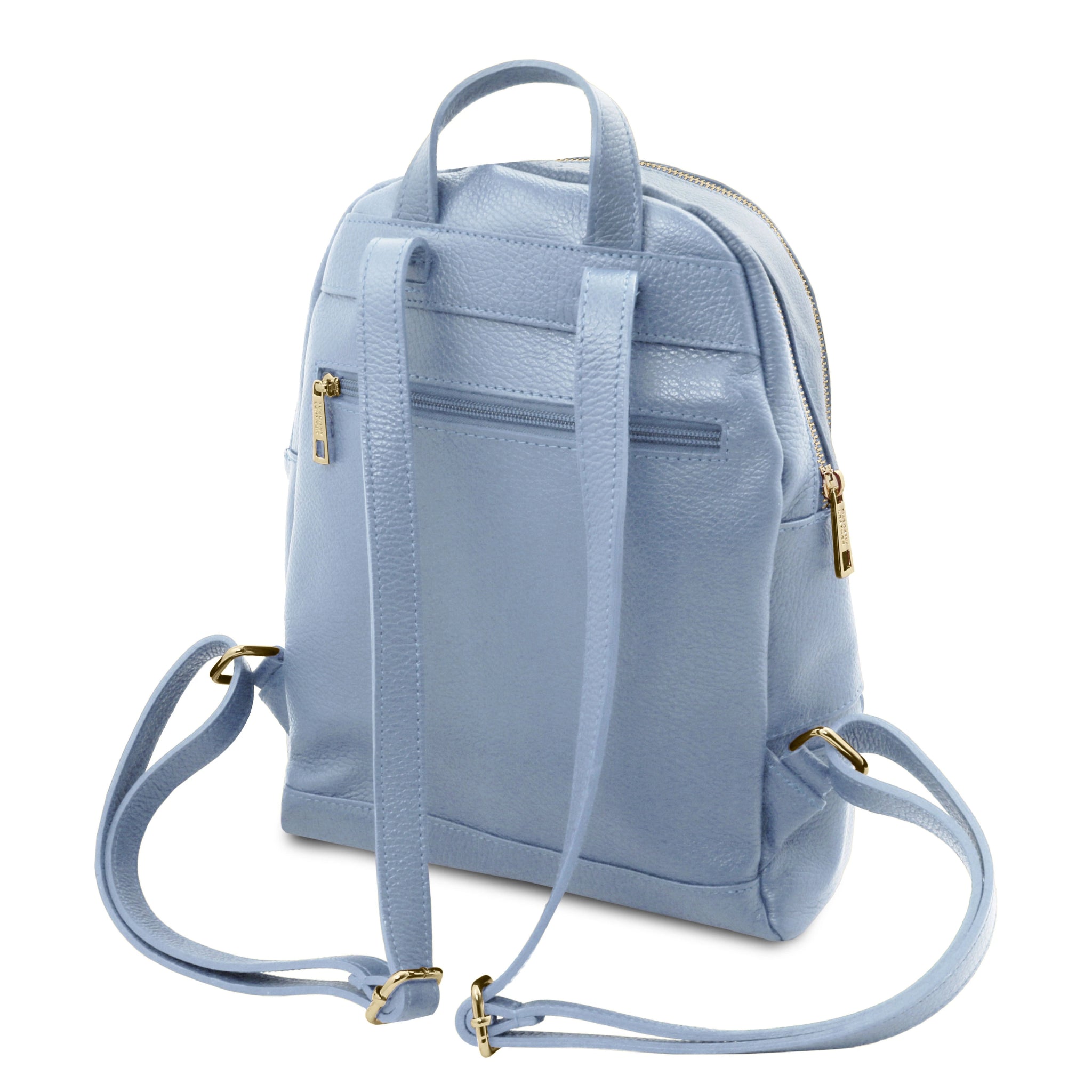 Back view of the TL Bag Italian Soft Leather Zip Backpack in light blue showing top handle and backstraps