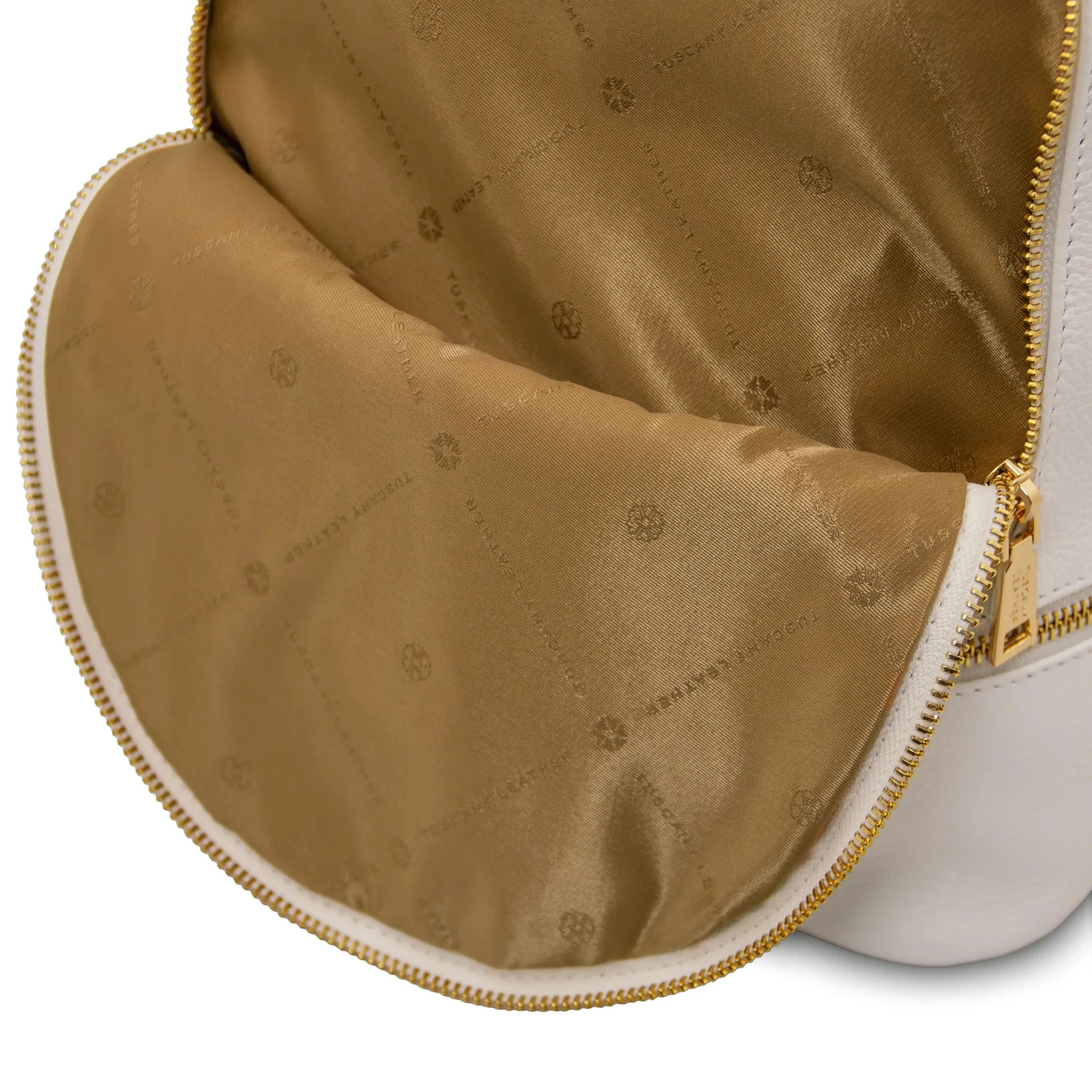White TL Bag Italian Soft Leather Zip Backpack Front Zip Pocket Beige Lining View