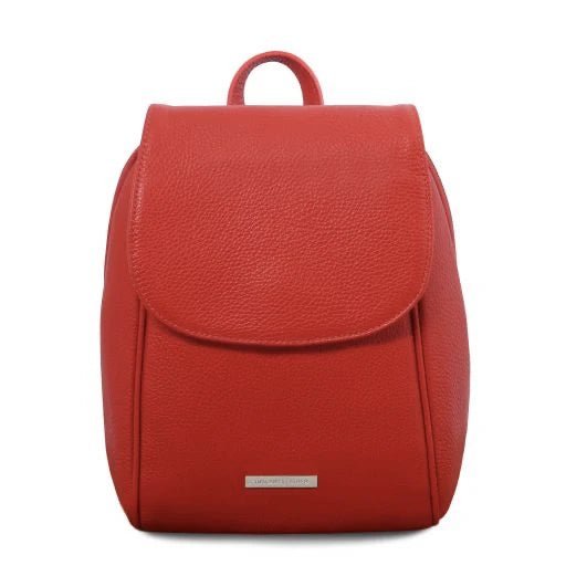 TL Bag Soft Italian Leather Backpack in Red showing curved front closure and handle