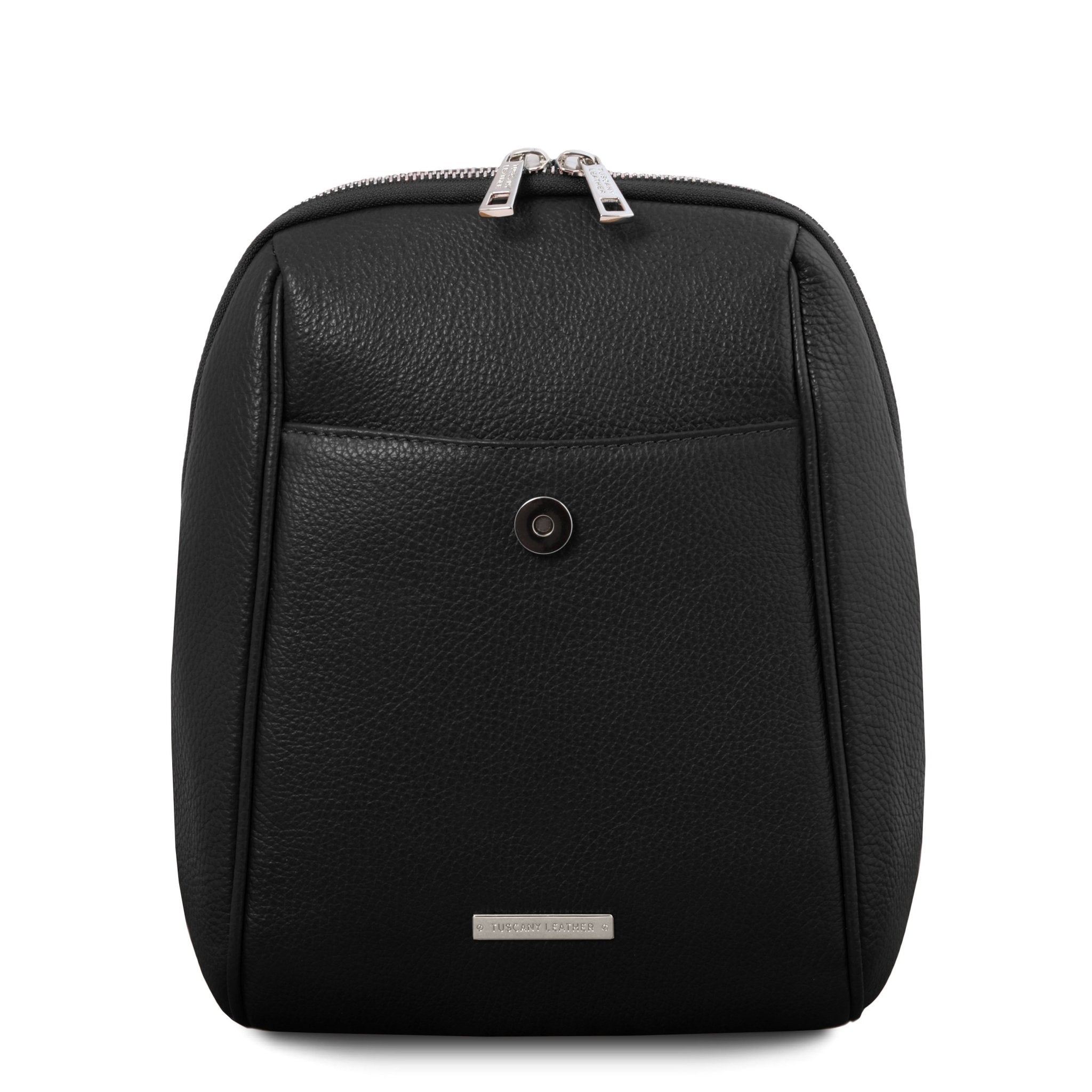 TL Bag Soft Italian Leather Backpack in black showing exterior open pocket underneath the flap magnetic closure