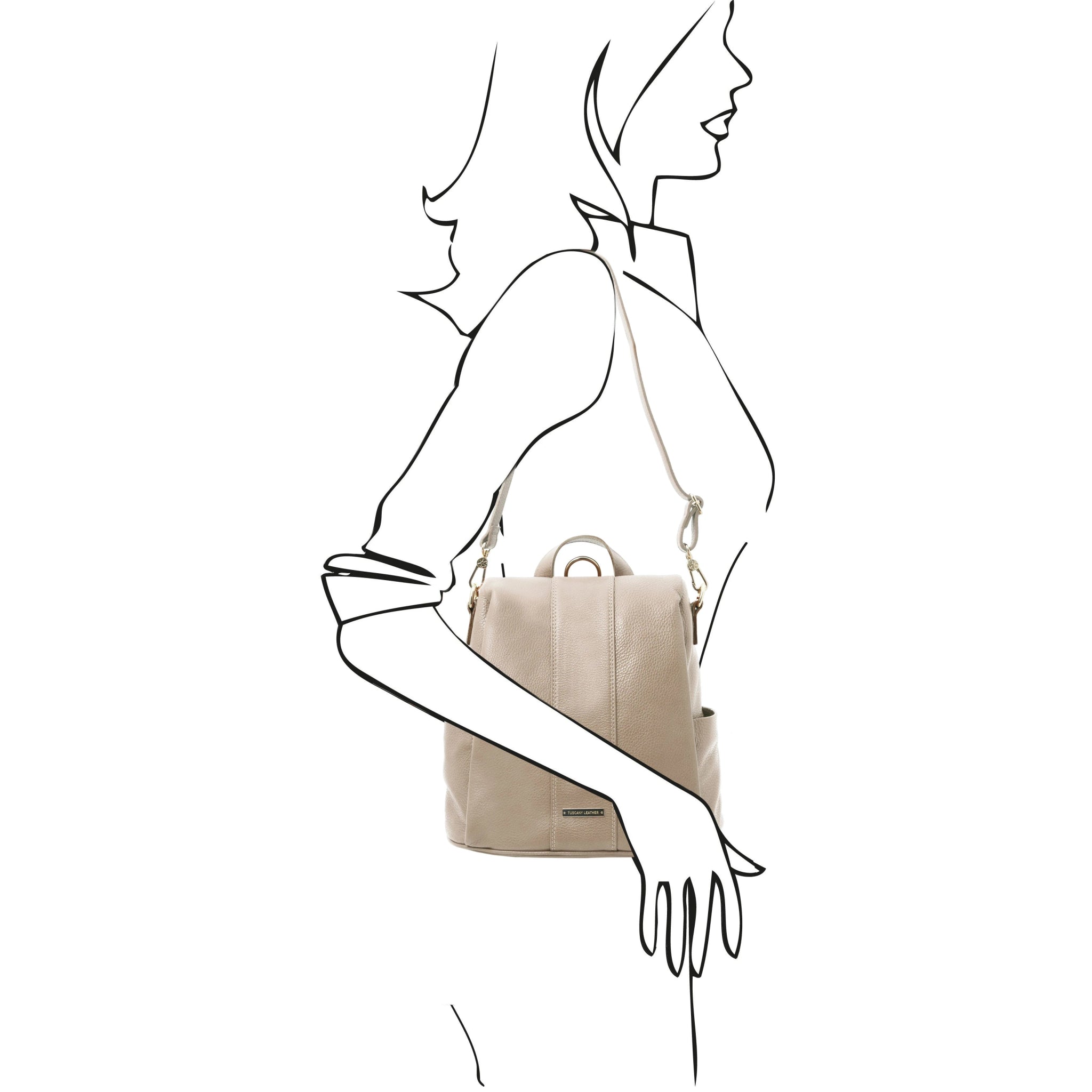 Black and white sketch woman wearing the TL Bag Soft Leather Backpack in light taupe using its detachable and adjustable shoulder strap