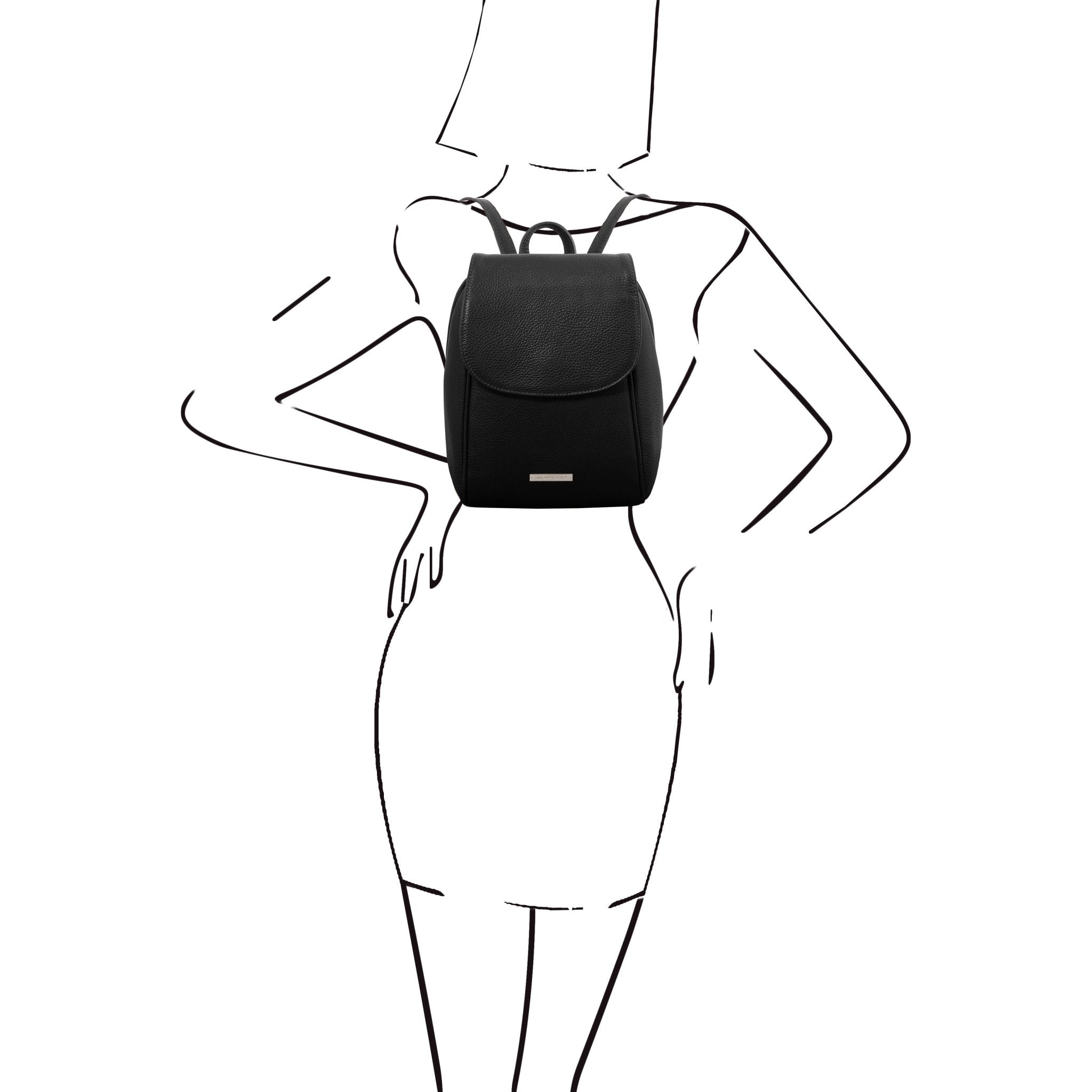 Black and white sketch of woman in 3/4 length dress wearing the TL Bag Soft Italian Leather Backpack in Black