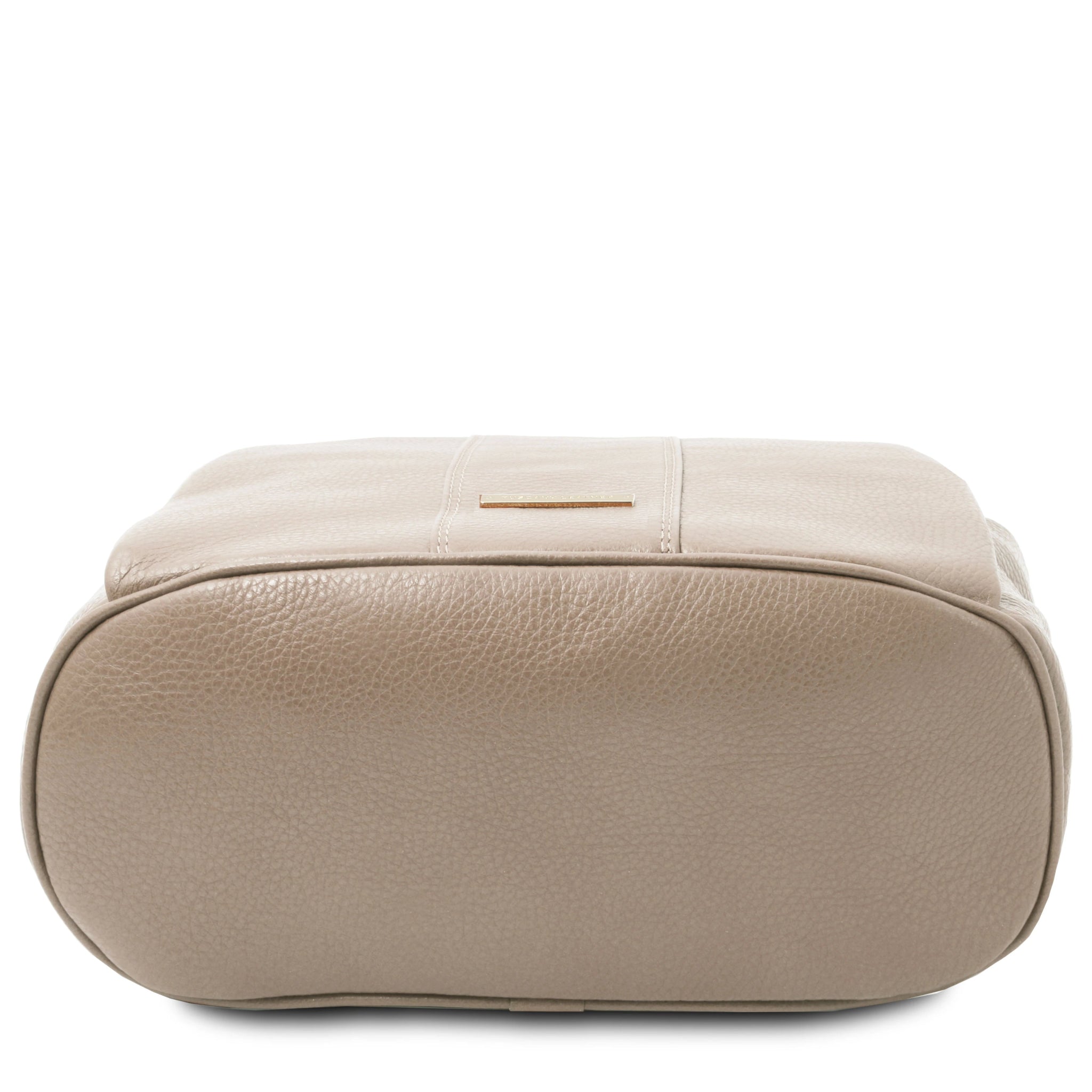 Bottom view of TL Bag Soft Leather Backpack in light taupe