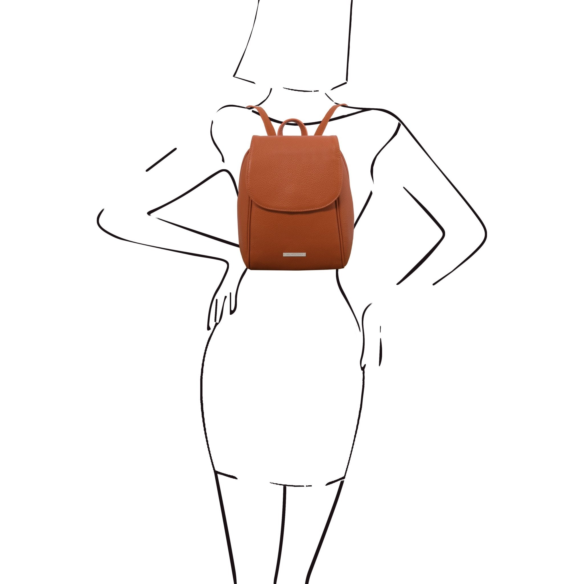 Black and white sketch of woman in 3/4 length dress wearing the TL Bag Soft Italian Leather Backpack in Cognac