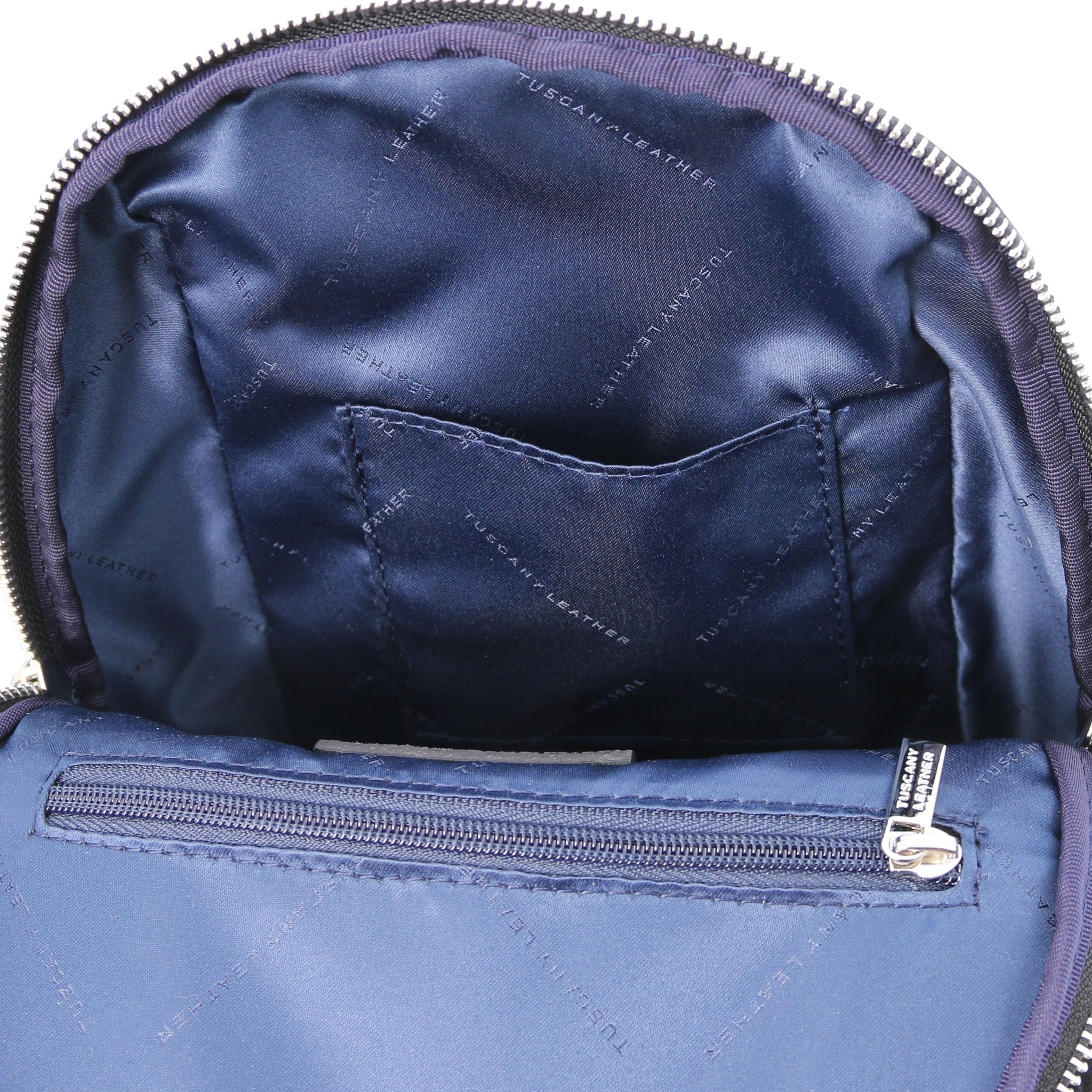 Interior open pocket view TL Bag Soft Italian Leather Backpack in black showing navy lining