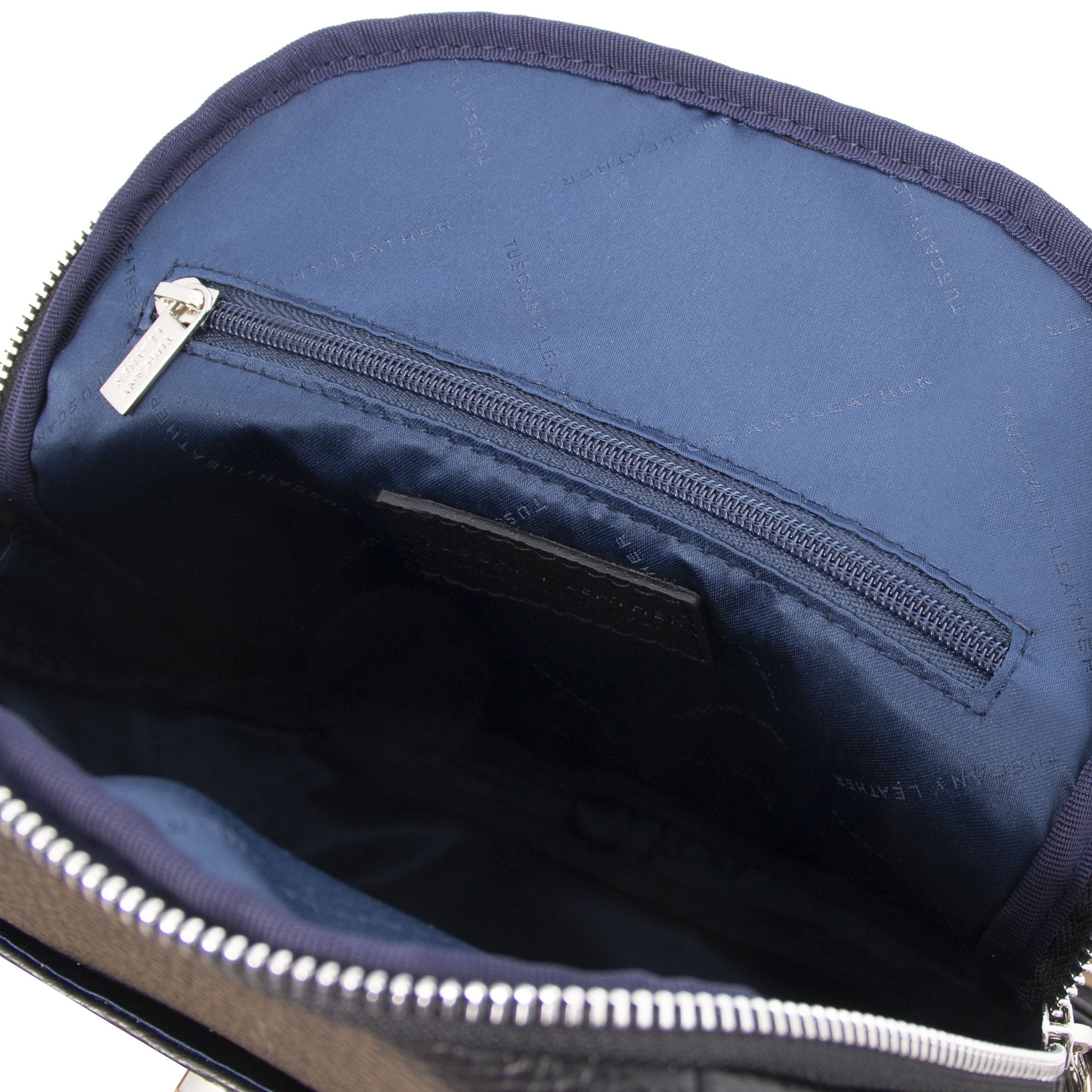 Interior zip pocket view TL Bag Soft Italian Leather Backpack in black showing navy lining