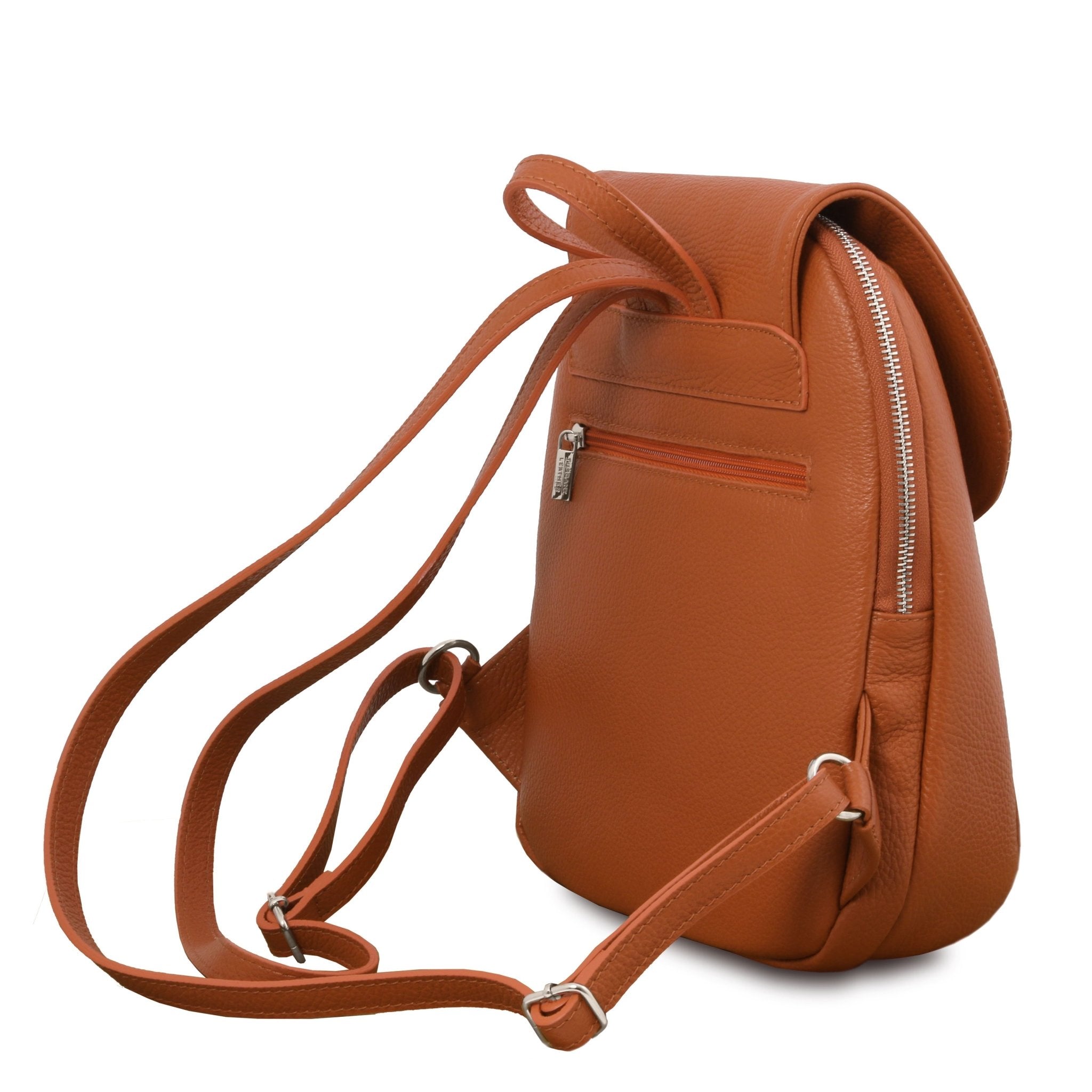 TL Bag Soft Italian Leather Backpack in Cognac showing exterior back zip pocket, handle and backpack straps