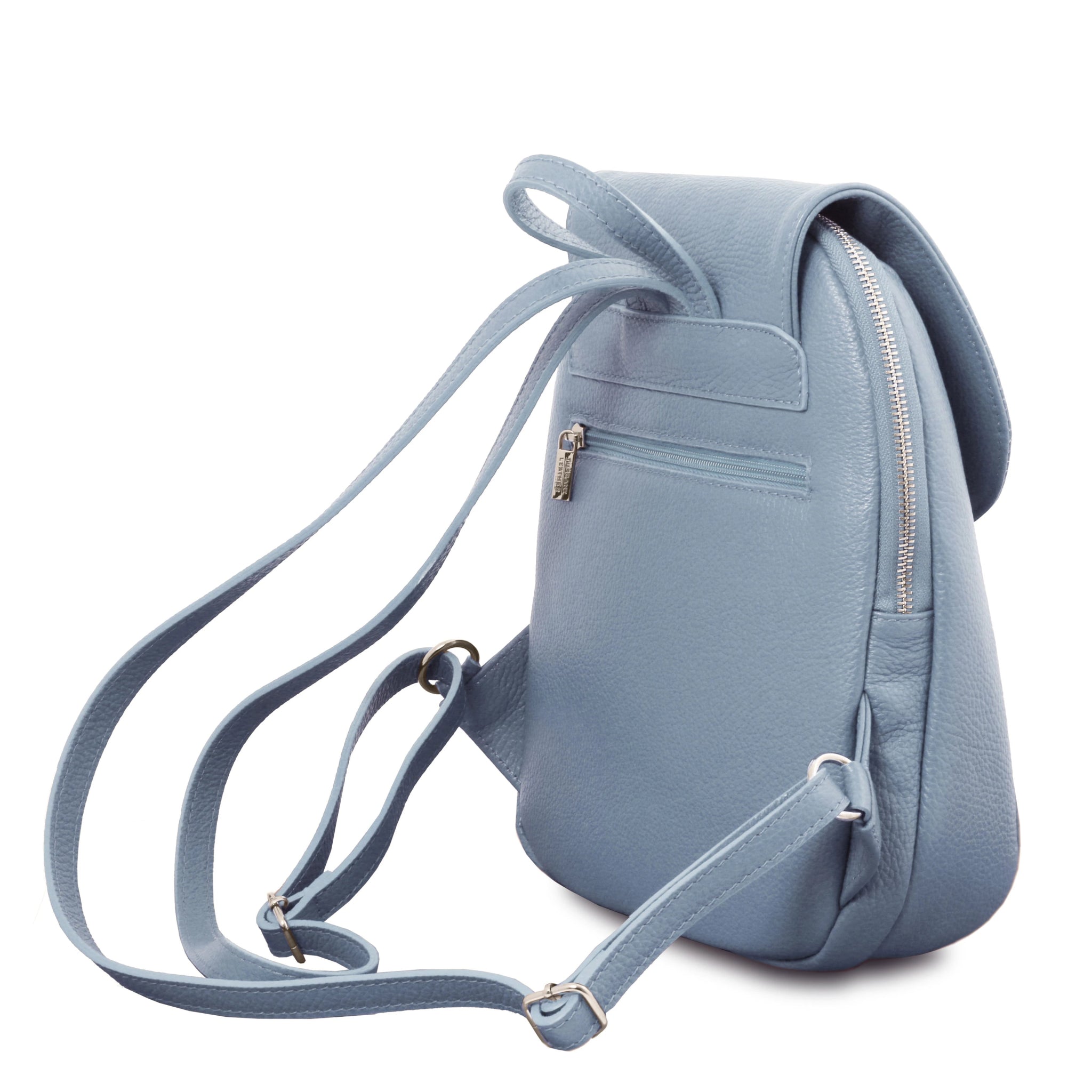Leather Backpack in Light Blue side view showing handle and shoulder straps